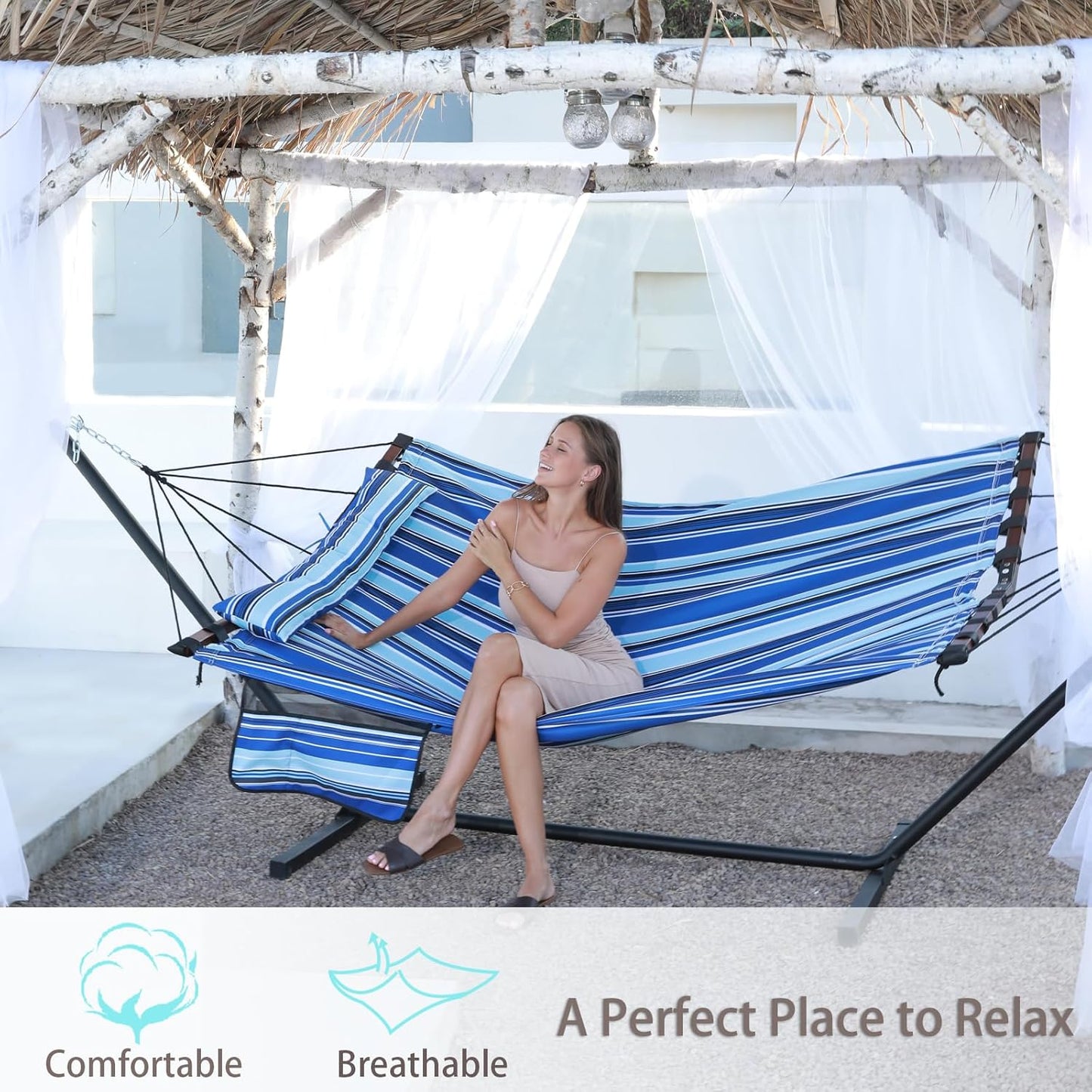 TegerDeger 12FT 2 Person Hammock Large Hammock 450LB Capacity with V Shaped Hardwood Spreader Bar & Nylon Rope for Outside, Patio, Garden, Backyard, Beach, Poolside - Blue Stripes