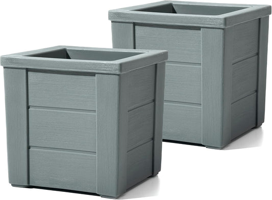 Step2 Lakewood Square Planter, Large Planters for Outdoor Plants, Gardening and Flower Pot for Patio or Porch, Efficient Drainage, Durable Plastic, Sage Gray, 2-Pack