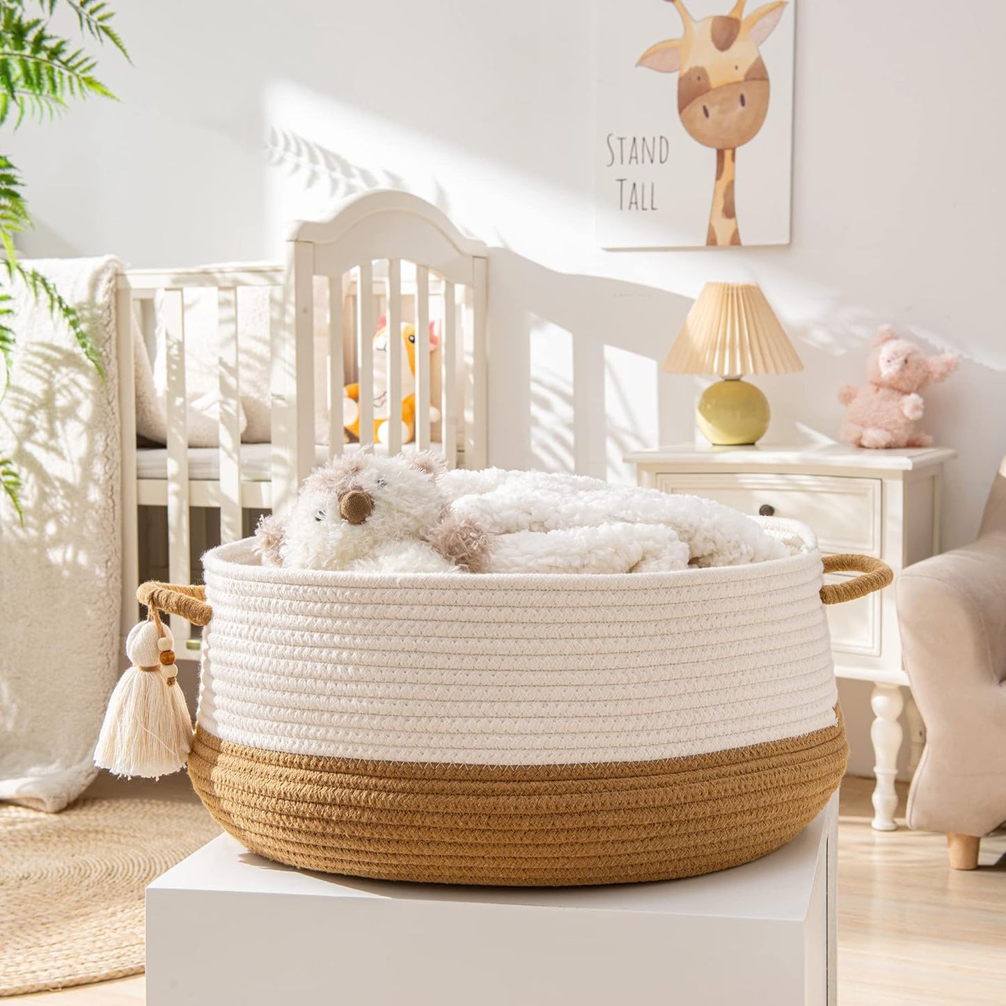 KAKAMAY Woven Baskets for Storage(16"x8"),Blanket Basket for Organizing Living Room,Cotton Rope Basket Woven Baby Laundry Hamper,Collapsible Laundry Room Organization,Clothes,Toy Chest(Brown)