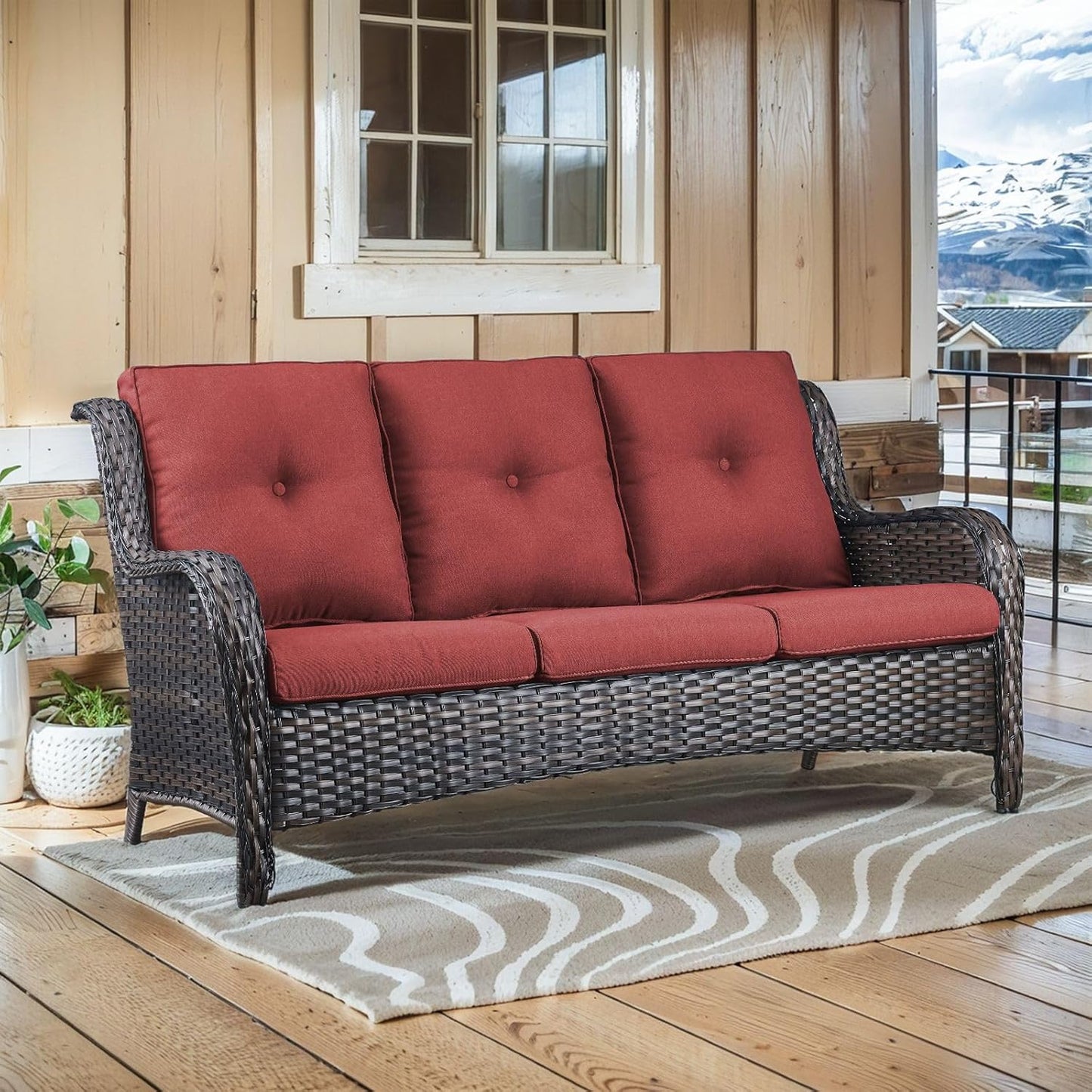 75Inch Outdoor Wicker Sofa - Standard 3 Seater with High Backrest, All Weather Rattan Patio Furniture for Balcony, Deck, Backyard, Brown Wicker/Red Cushion