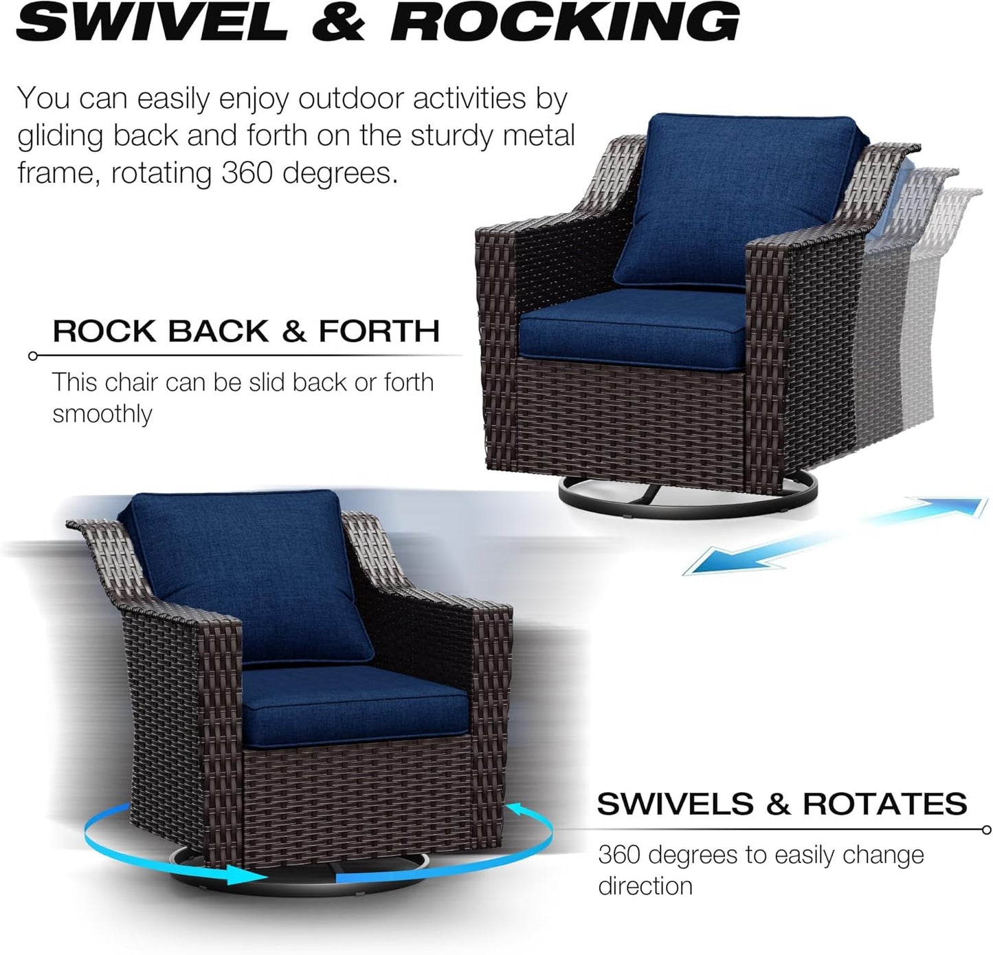 Joyside Wicker Patio Furniture Sets, 5 Pieces Upgraded Large Size Outdoor Furniture with Swivel Rocking Patio Chairs, Outdoor Ottoman and Side Table, Thick Cushions, Wide Armrest