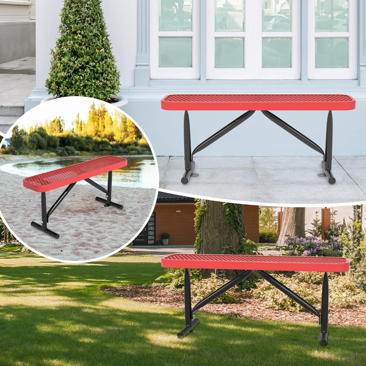 48" L Outdoor Steel Flat Bench, Heavy Duty Metal Park Bench for Outside, Expanded Metal, Commercial Benches Mesh Bench for Shopping Mall, Store, Lawn, Park, Patio, Deck, Garden (Red, 4FT)