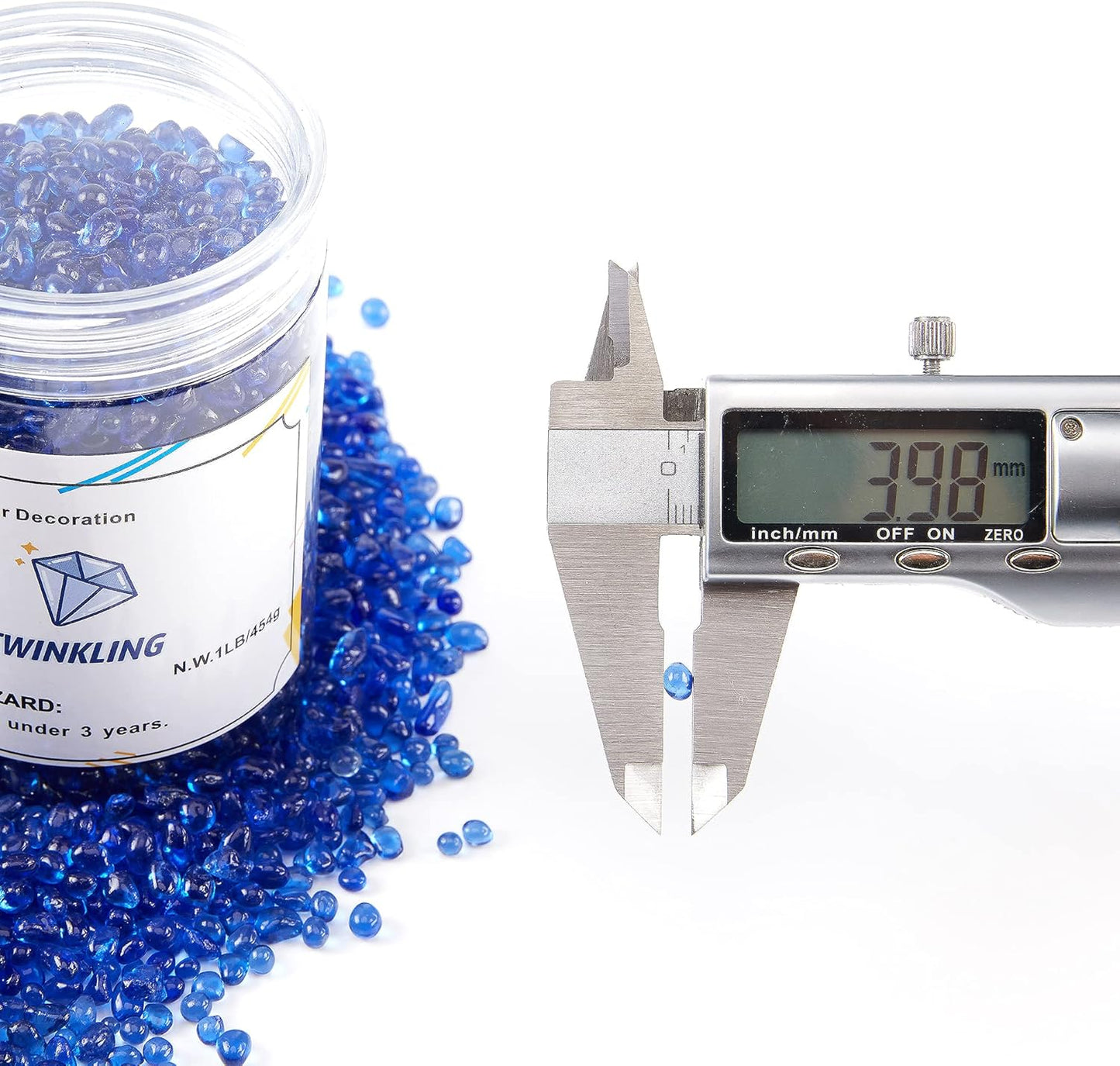 TWINKLING High Luster Round Fire Glass Stones,Glass Marbles Pebbles,Glass Beads Gems for Fire Pit Vase Fillers Crafts Aquarium Garden Decoration,3-6mm,1-Pound Jar (Cobalt Blue)