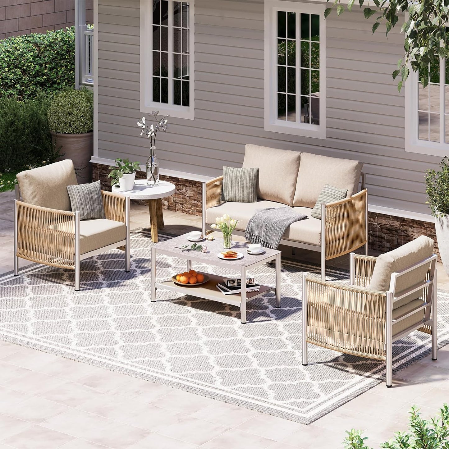 Aluminum Outdoor Patio Furniture Set, HDPE Rope 4 Piece Modern Sectional Conversation Sets with Dual-Layer Coffee Table, All Weather Patio Couch Sofa with Thick Cushions, Silver Frame, Beige
