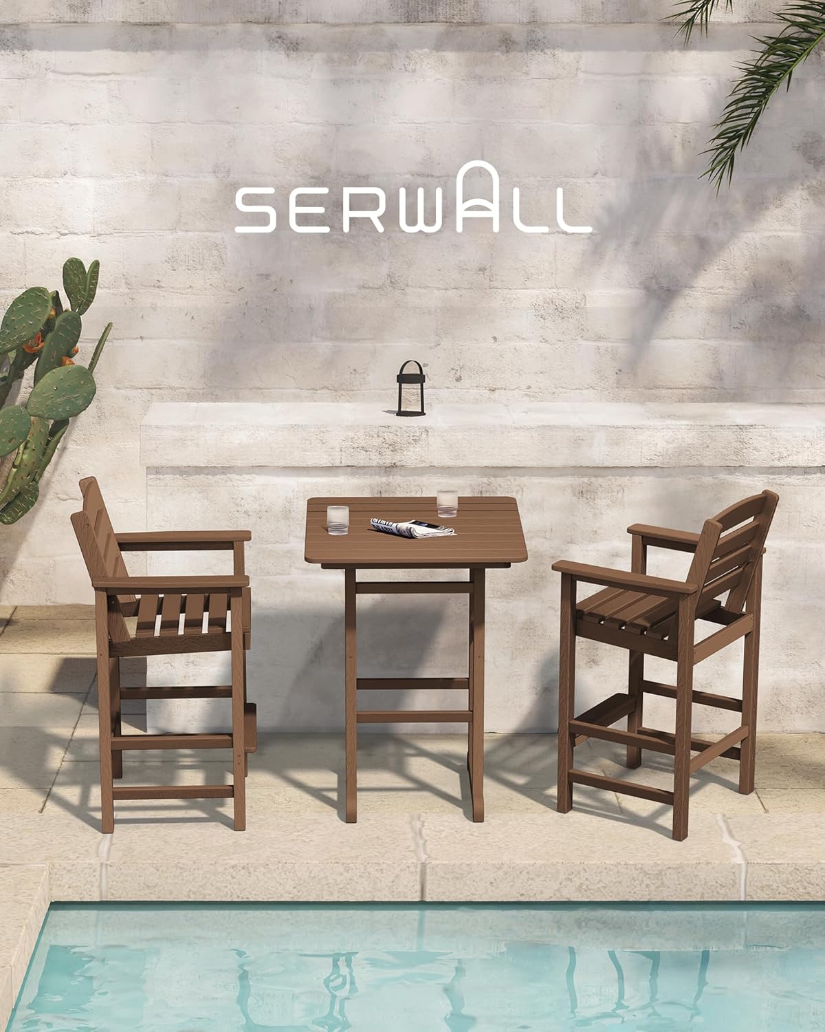 SERWALL Balcony Adirondack Chairs and Table 3 Pieces Set, Adirondack Bar Height Chairs Set of 2 and Bar Table, Outdoor Bar Stools Set for Bistro, Poolside, Backyard, Brown