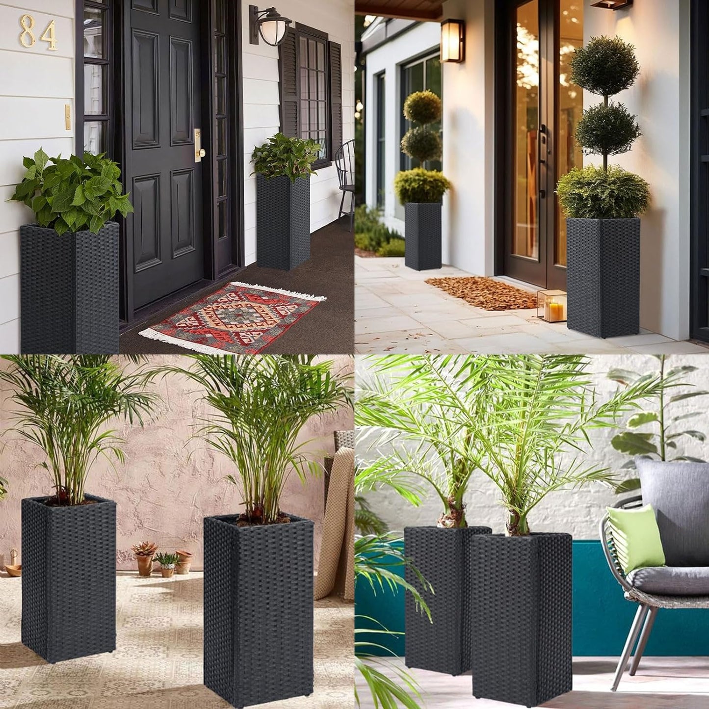 LEWIS&WAYNE Set of 2 Tall Planters for Outdoor Plants Handmade 24'' Wicker Tall Square Planter Box with Removable Liners Modern Planter for Indoor Outdoor Garden Patio Front Porch - Black