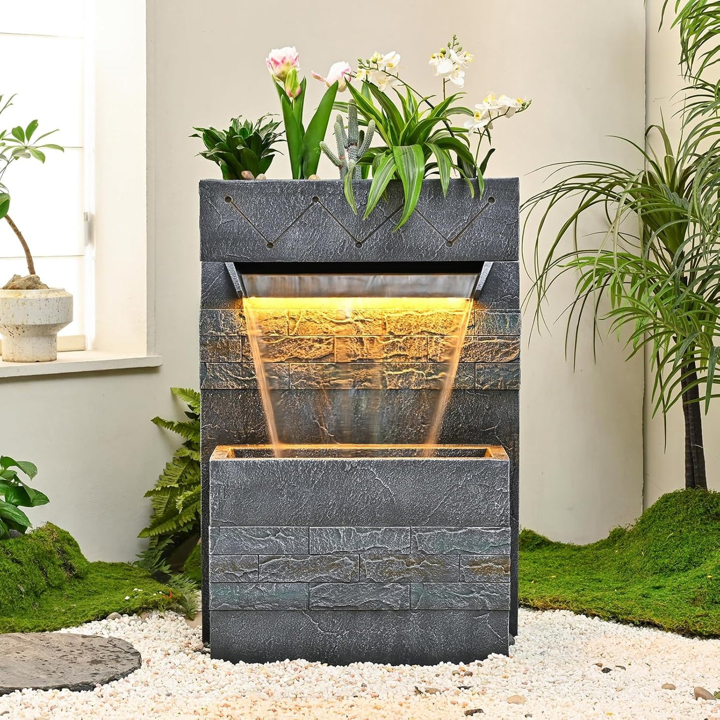 34.65'' Outdoor Garden Cascading Stone Floor-Standing Waterfall Fountain with LED Lights for Patio, Backyard, Deck, Porch and Home Art Decor