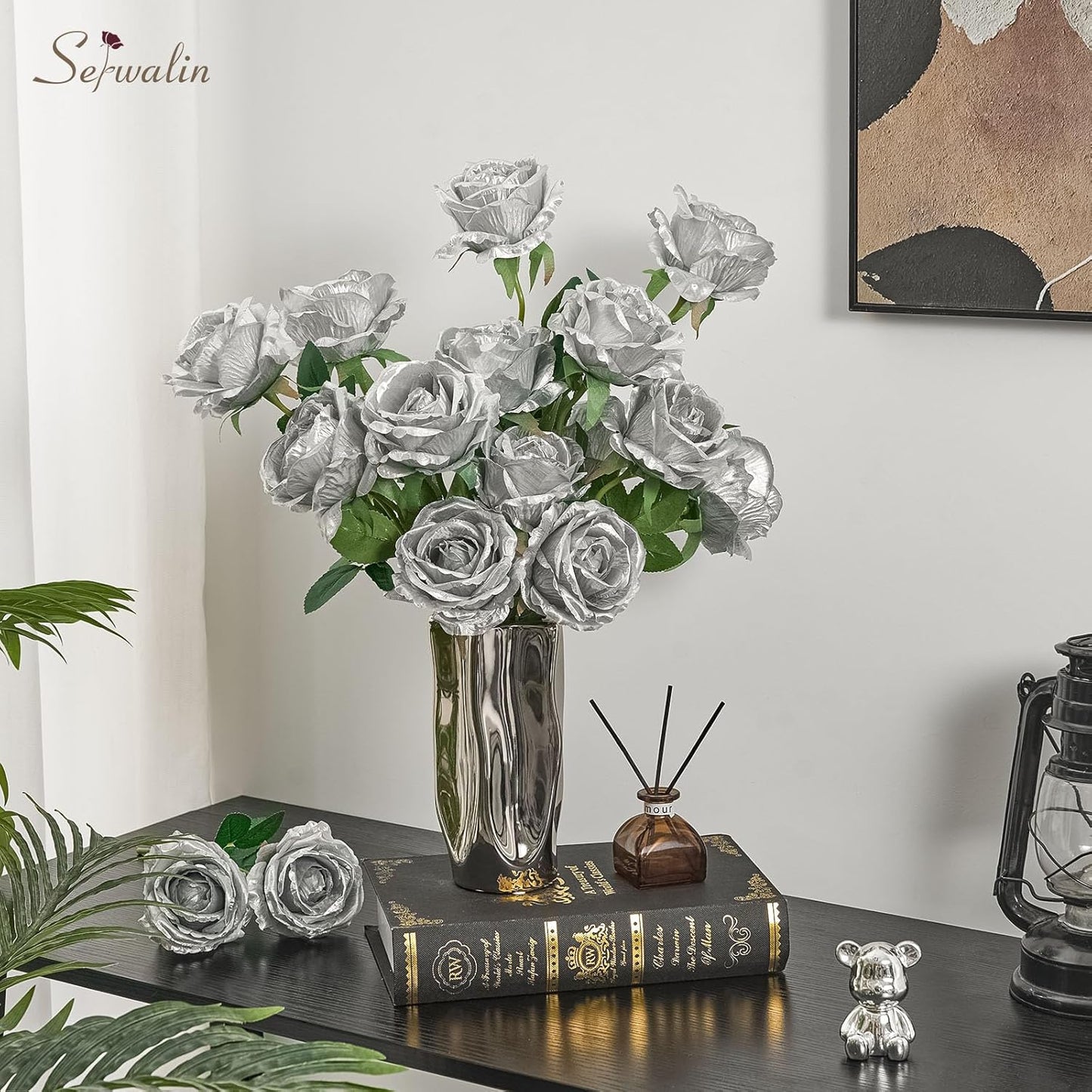Serwalin 20pcs Artificial Silver Roses, 4'' Big Flower Head, Fake Roses Real Touch, Silk Roses Long Stems Realistic Bouquet for Wedding Parties Table Centerpiece and Home Decor