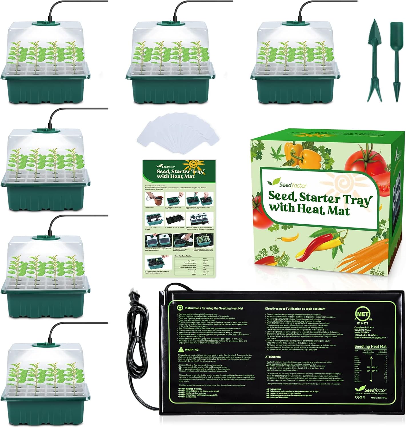 Seedfactor 7-Pack Seed Starter Kit with Grow Light (12 Cells per Tray), Plant Germination Trays with Adjustable Humidity Dome Seed Trays Seedling Starter with Base Trays for Germination