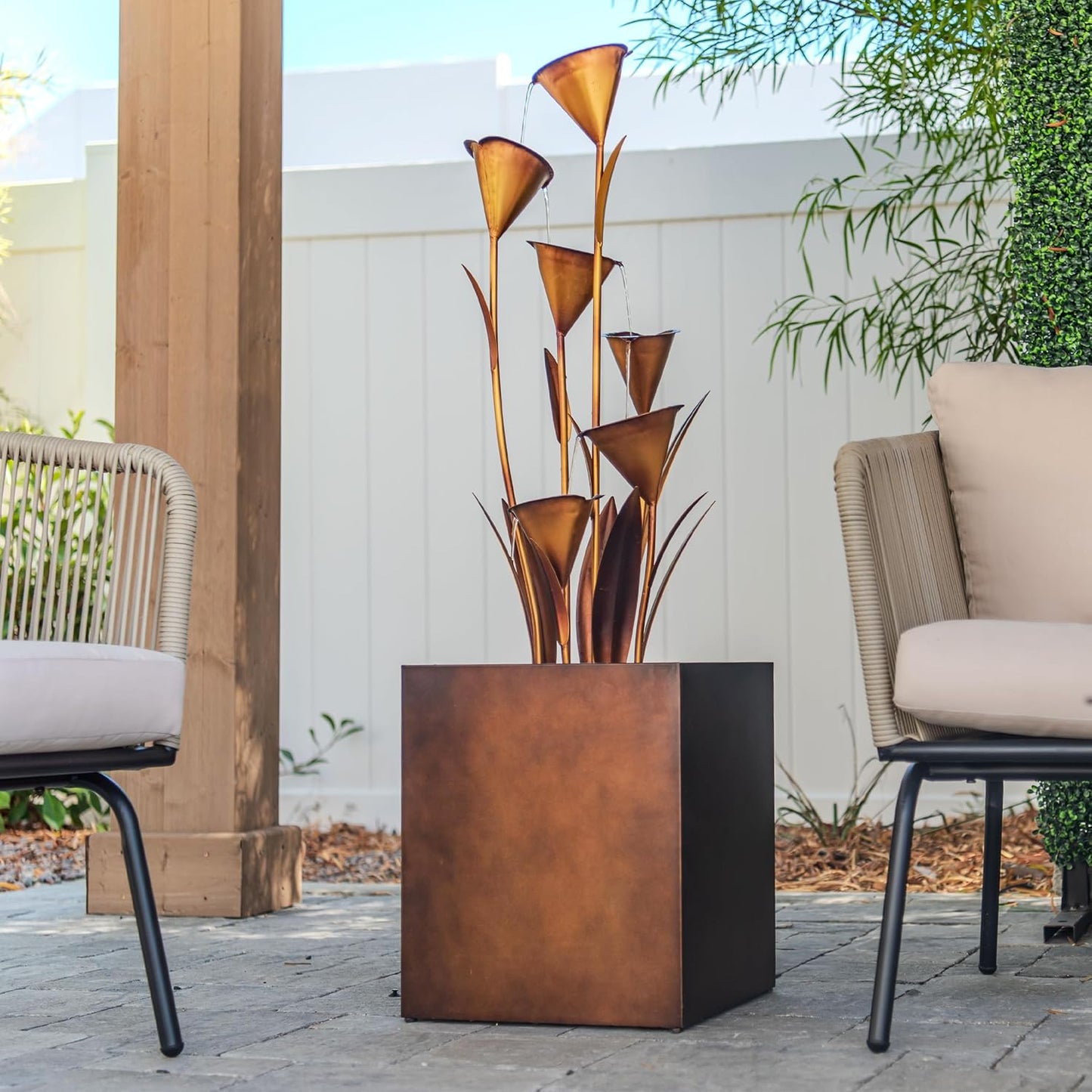 XBrand Sculptural Freestanding Metal Multi-Tiered Water Fountain w/Flowers, No LED Lights, Bronze, 46" Tall