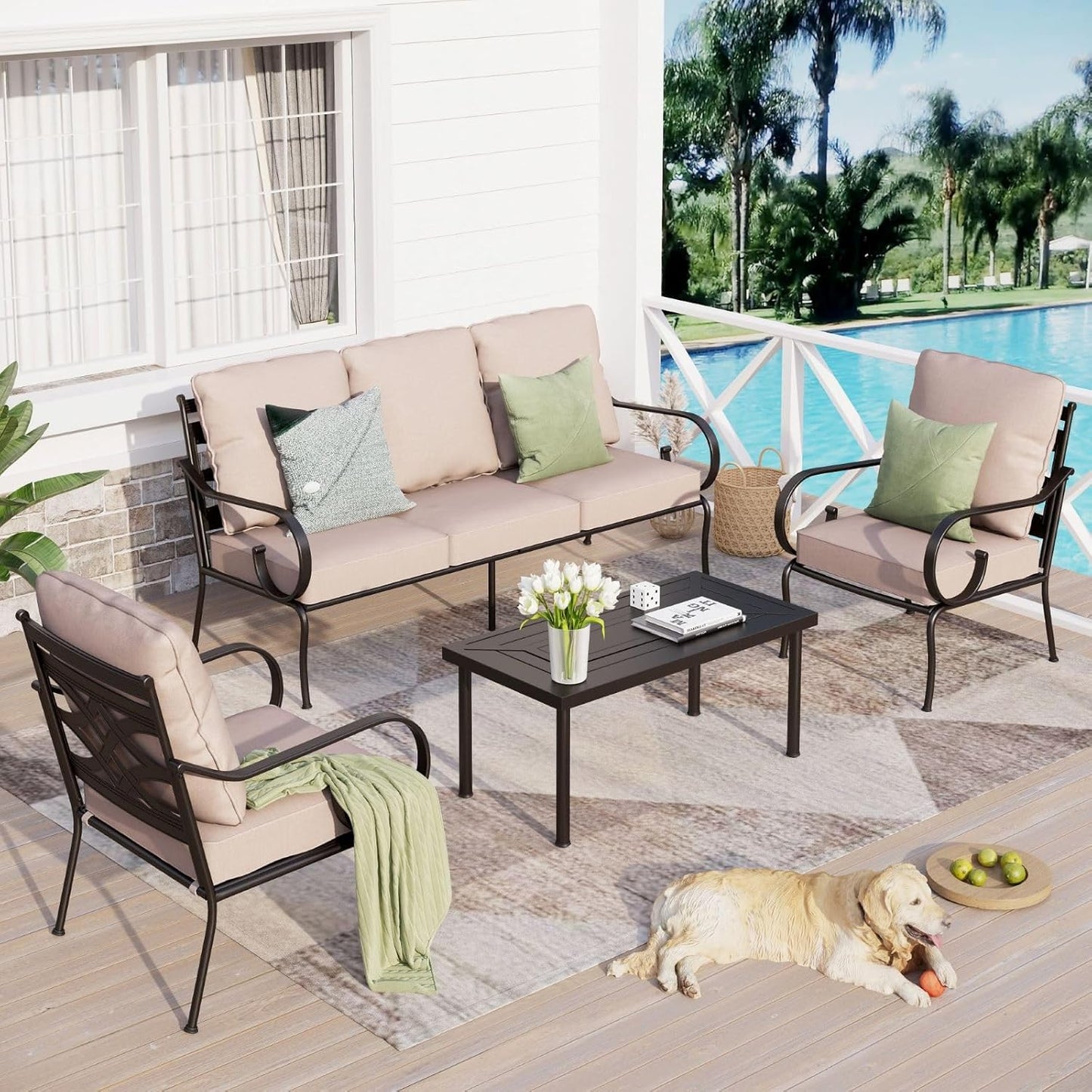 Sophia & William 4 Piece Patio Furniture Set, Outdoor Conversation Sets 5 Seat Clearance with 3-seat Sofa x 1, Cushioned Chair x 2, Metal Coffee Table x 1 for Backayrd Lawn, Beige