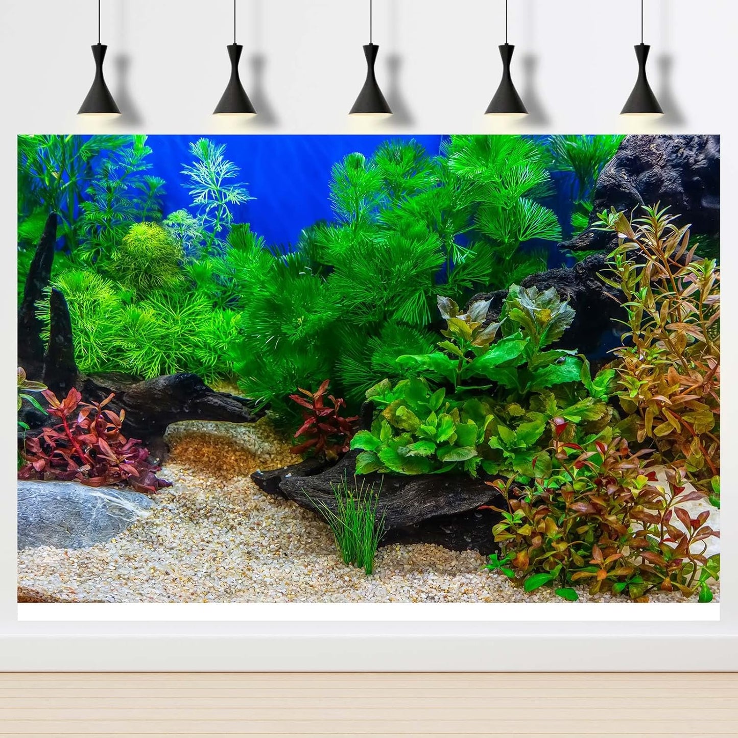 Aquarium Background Underwater Grass Leaves with Pebble Aquarium Backdrop Vivid and Fresh Green Aquatic Plant Stone River Bed and Lake Fish Deadwood Tank Background Decor Vinyl 48x18in