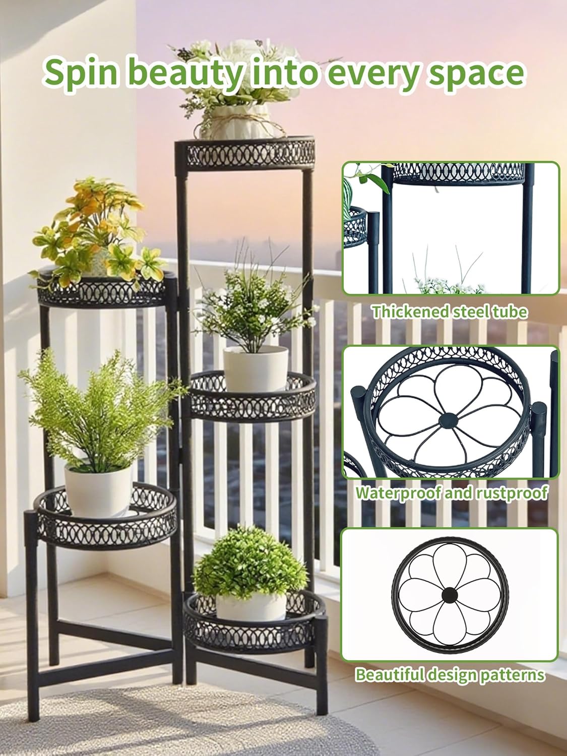 Plant Stand Indoor Outdoor, 5 Tier Corner Metal Flower Display Holder Stand, Folding Tall Plant Rack for Patio Balcony Porch Garden Living Room House, Heavy Duty Wrought Iron Plant Shelf - BlackFlower