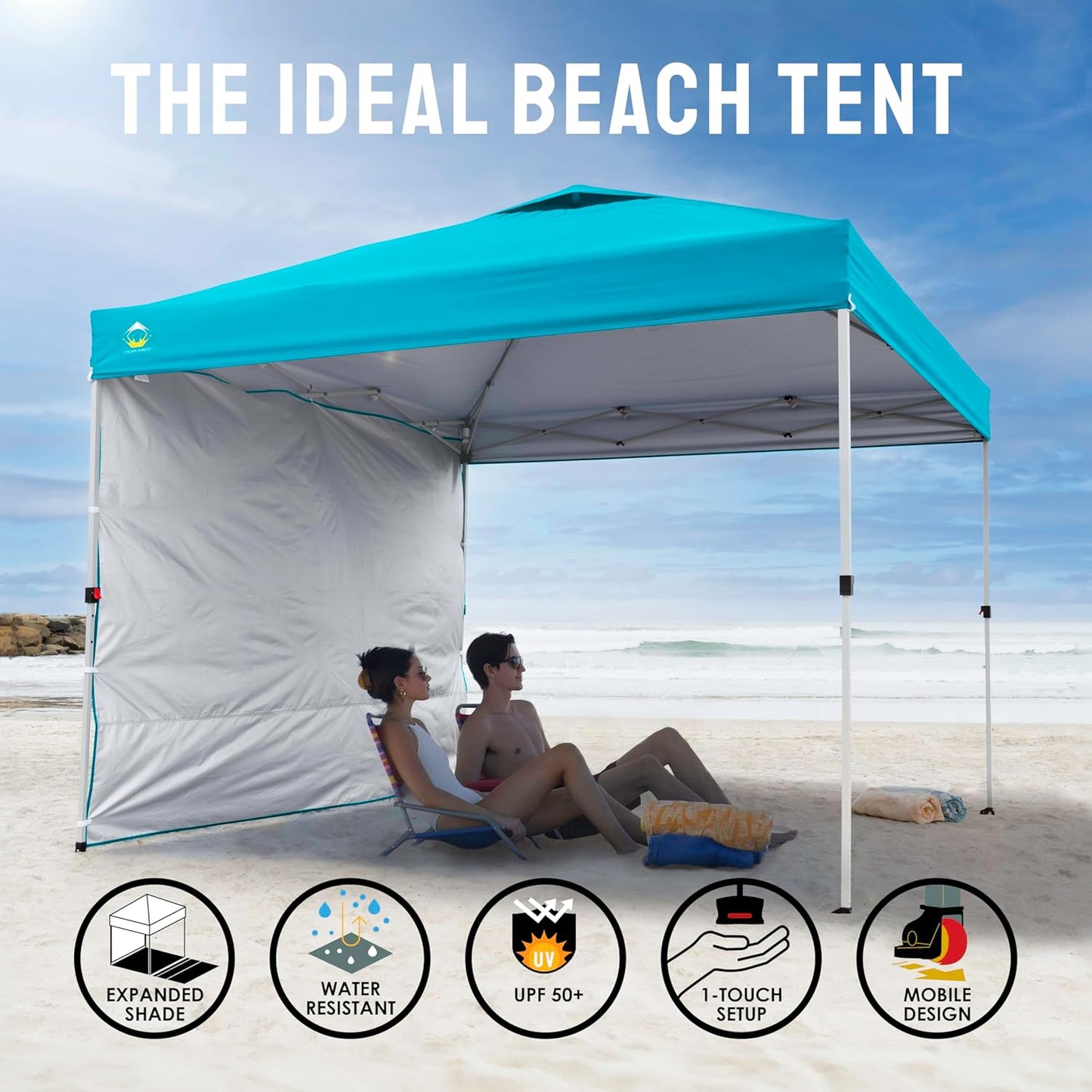 CROWN SHADES 10x10 Pop Up Canopy with 1 Side Wall - Beach Tent with One Push Setup - Outdoor Sun Shade for Events, Parties, Camping - Gazebo with STO-N-Go Cover Bag (Cyan Blue)