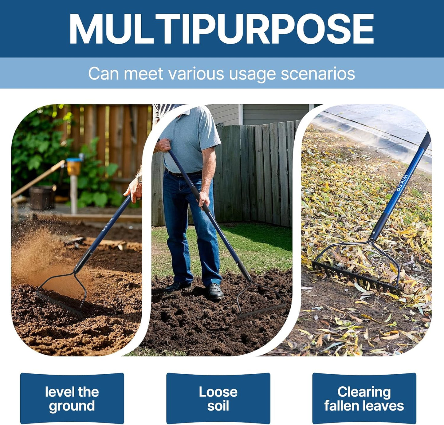 57 Inch Heavy Duty Garden Rake with Blue Fiberglass Handle - 14-Tooth Metal Yard Rake for Gardening, Farming, and Yard Work - Durable Hard Rakes for Heavy Duty Use