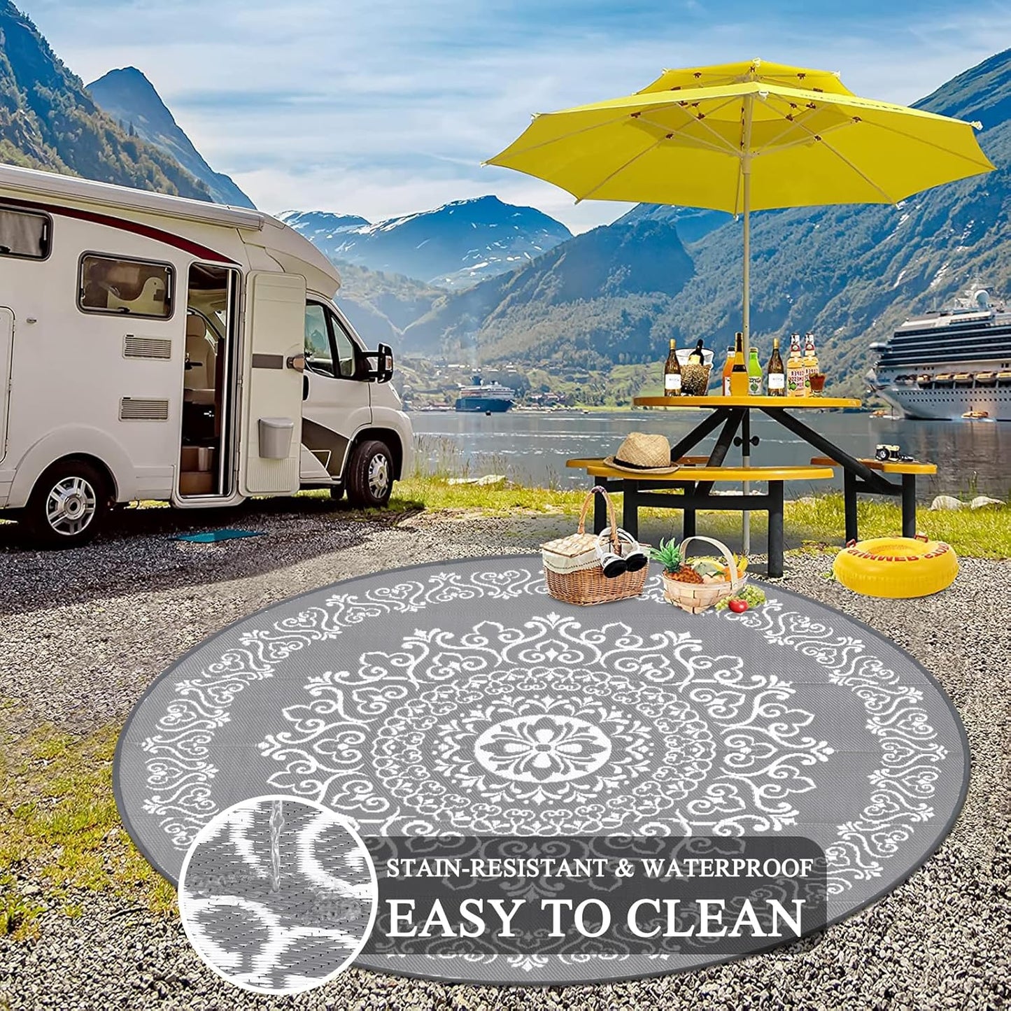 Pauwer Waterproof Outdoor Rug 8ft, Reversible Plastic Straw Patio Camping Rug, Indoor Outdoor RV Mat Carpet for Deck, Camper, Porch, Balcony, Backyard, Picnic, Floral Grey