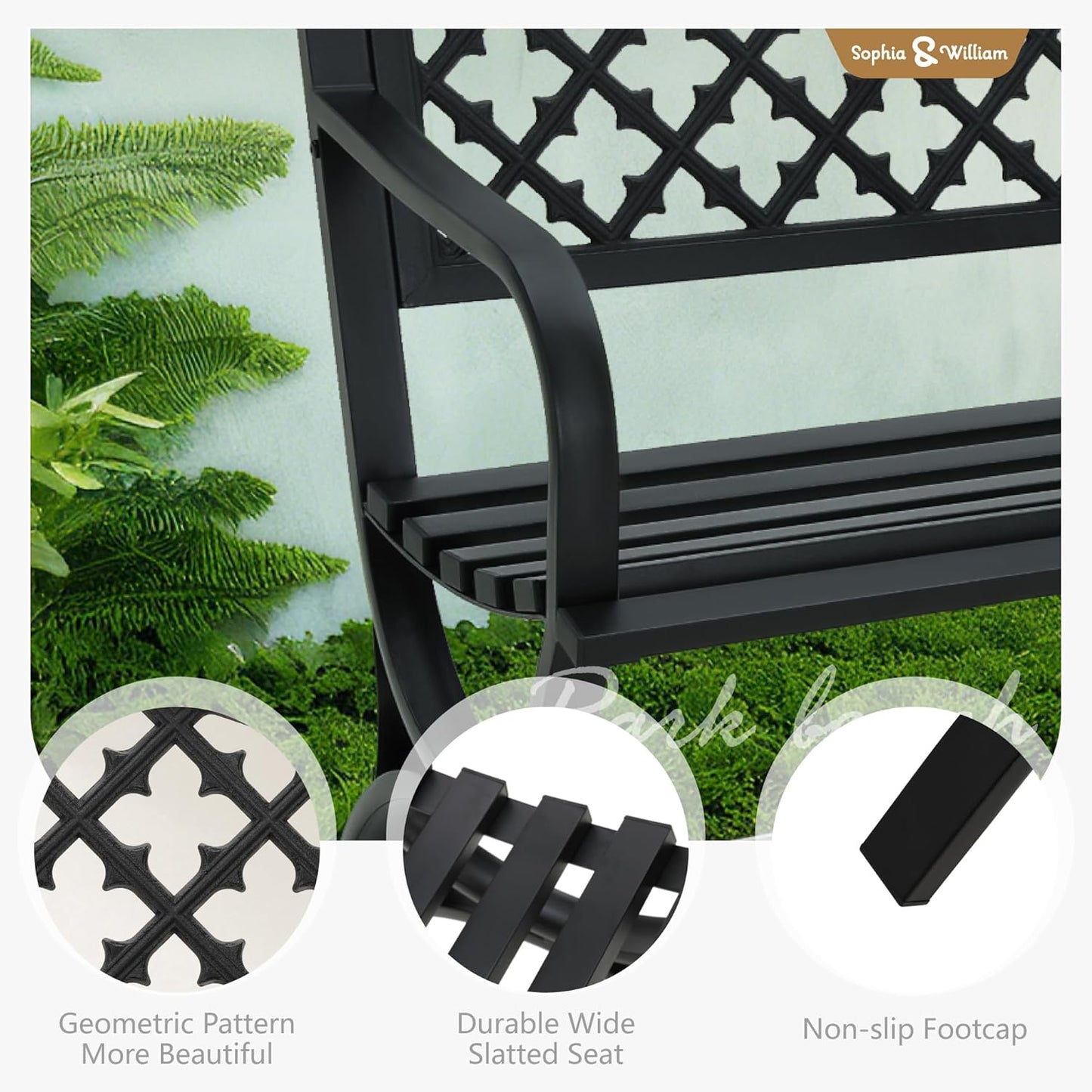 Sophia & William Outdoor Bench, 50 inches Metal Garden Bench, Cast Iron Park Benches for Outside with Floral Backrest and R-Shaped Legs for Porch Yard Lawn Deck, Black