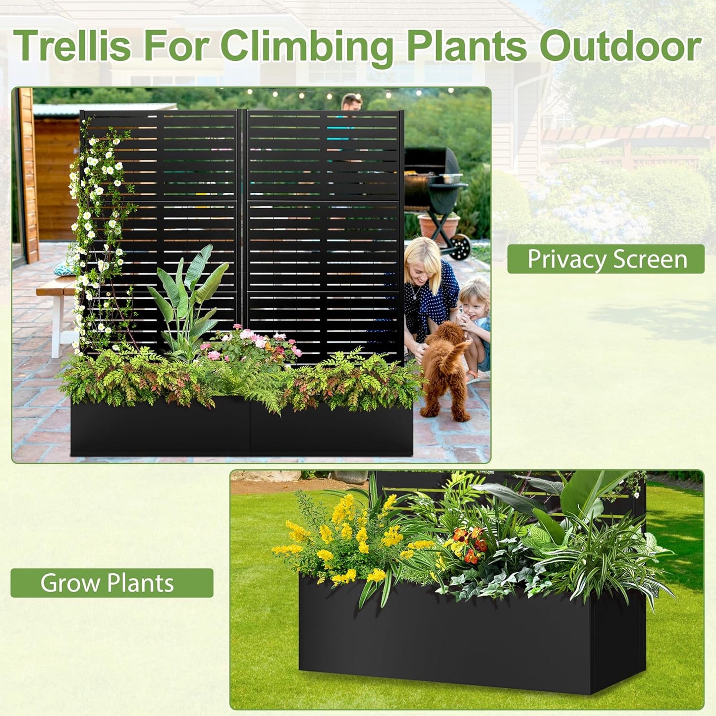 Trellis for Climbing Plants Outdoor，Mental Garden Bed with Drainage Holes Outdoor Privacy Screen Design Tall planters for herb Flower Vegetables 73"x35"x16", Black-Louvered