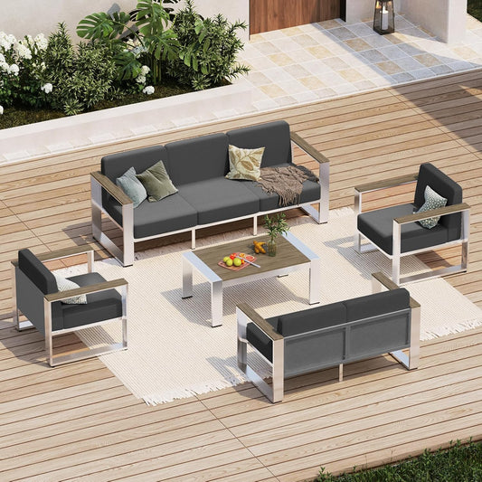 Outdoor Furniture Set, 5 Piece Aluminum Patio Furniture Set with Coffee Table, Wide Seat and Thick Cushions, Outdoor Patio Conversation Sets for Deck, Porch (Darkgray)