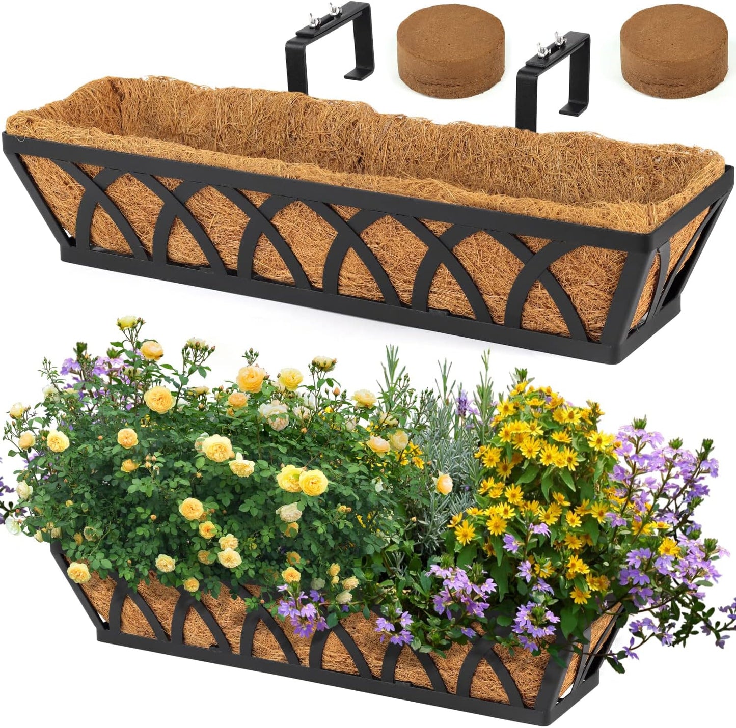 Window Box Railing, 24 Inch Black Metal Hanging Flower Planter Basket with Coco Liner for Outdoor Balcony Porch Fence Patio for Home, Office and Hotel (Black - 2 Pcs/Set)