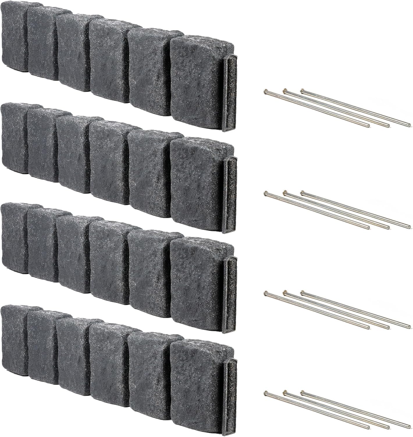 Beuta Landscape Edging | Garden Edging Border | Faux Stone Block XL for Lawn Edging, Flower Beds & Yard Edging – 4 Pack | Each Section Has 6 Blocks 48" L x 4" W x 9.5" H | 12 Spikes | Charcoal