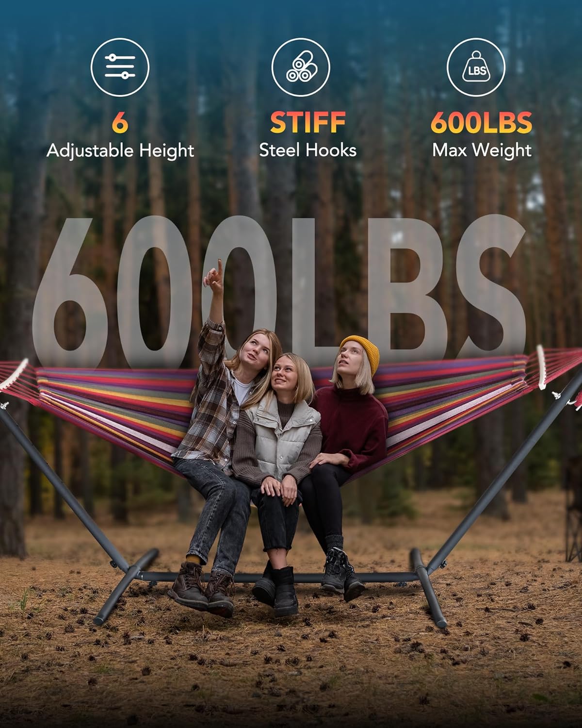 Double Hammock with Heavy-Duty Steel Stand,Portable,Easy Assembly,600lbs Weight Capacity,Perfect for Indoor,Yard,Camping,or Outdoor-Rainbow