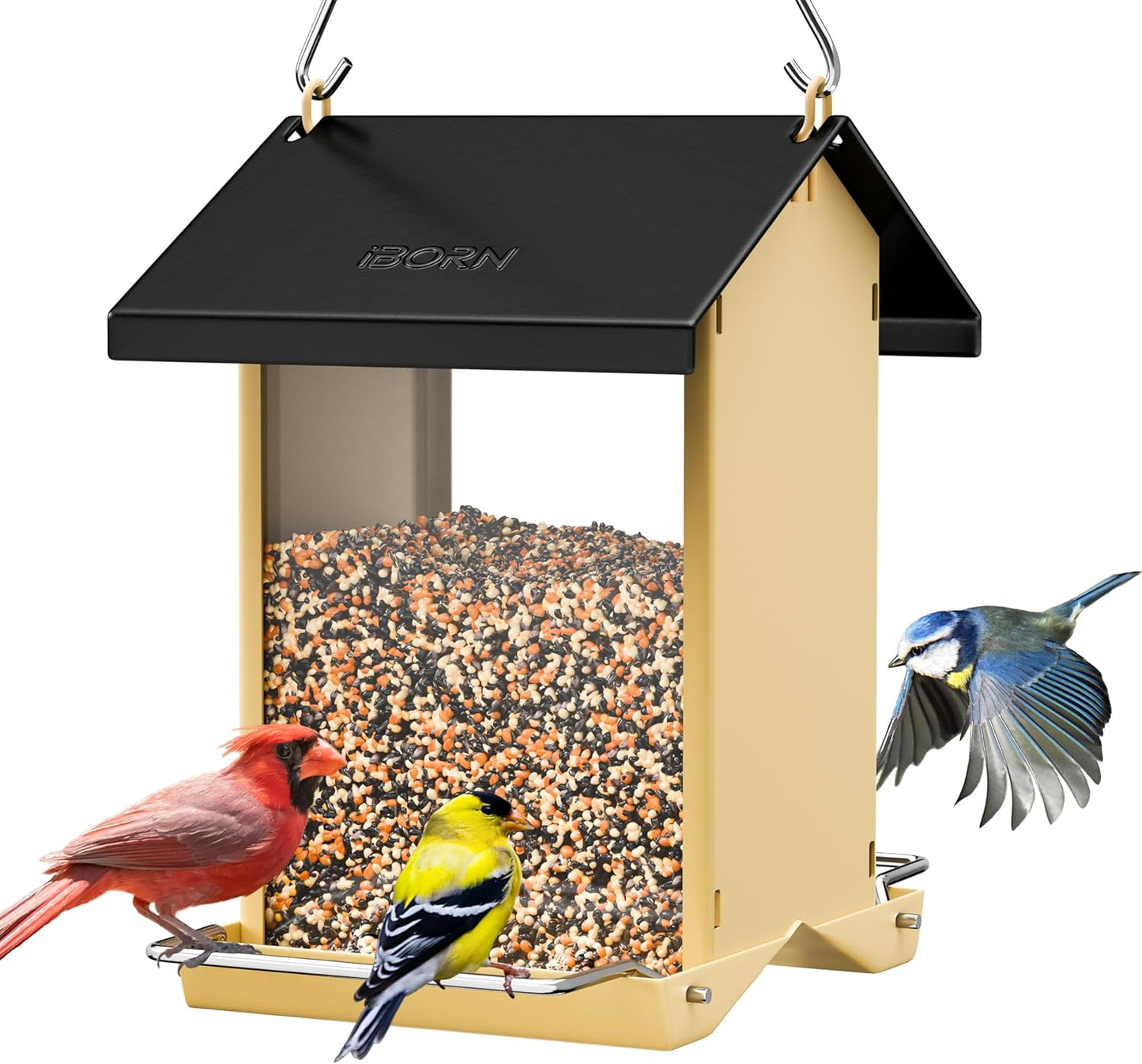 iBorn Bird Feeders for Outdoors,Bird House Feeder with Weatherproof Metal Roof & 8 Drain Holes,Fully Detachable Birdfeeder Design,Easy Clean & Refill,Chew-Proof PC Windows,1.5 Lbs Capacity,Black Roof