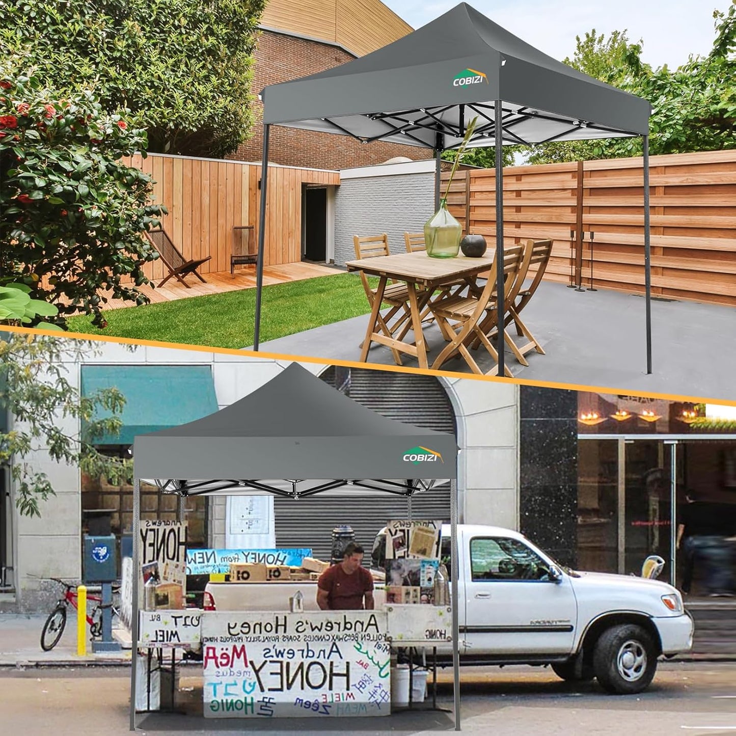 COBIZI 6.6x6.6 Pop Up Canopy Without Sidewall,Heavy Duty Canopy UPF 50+ All Season Wind Waterproof Commercial Outdoor Party Tents for Parties Canopy Gazebo with Storage Bag(6.6 x 6.6 ft Gray)