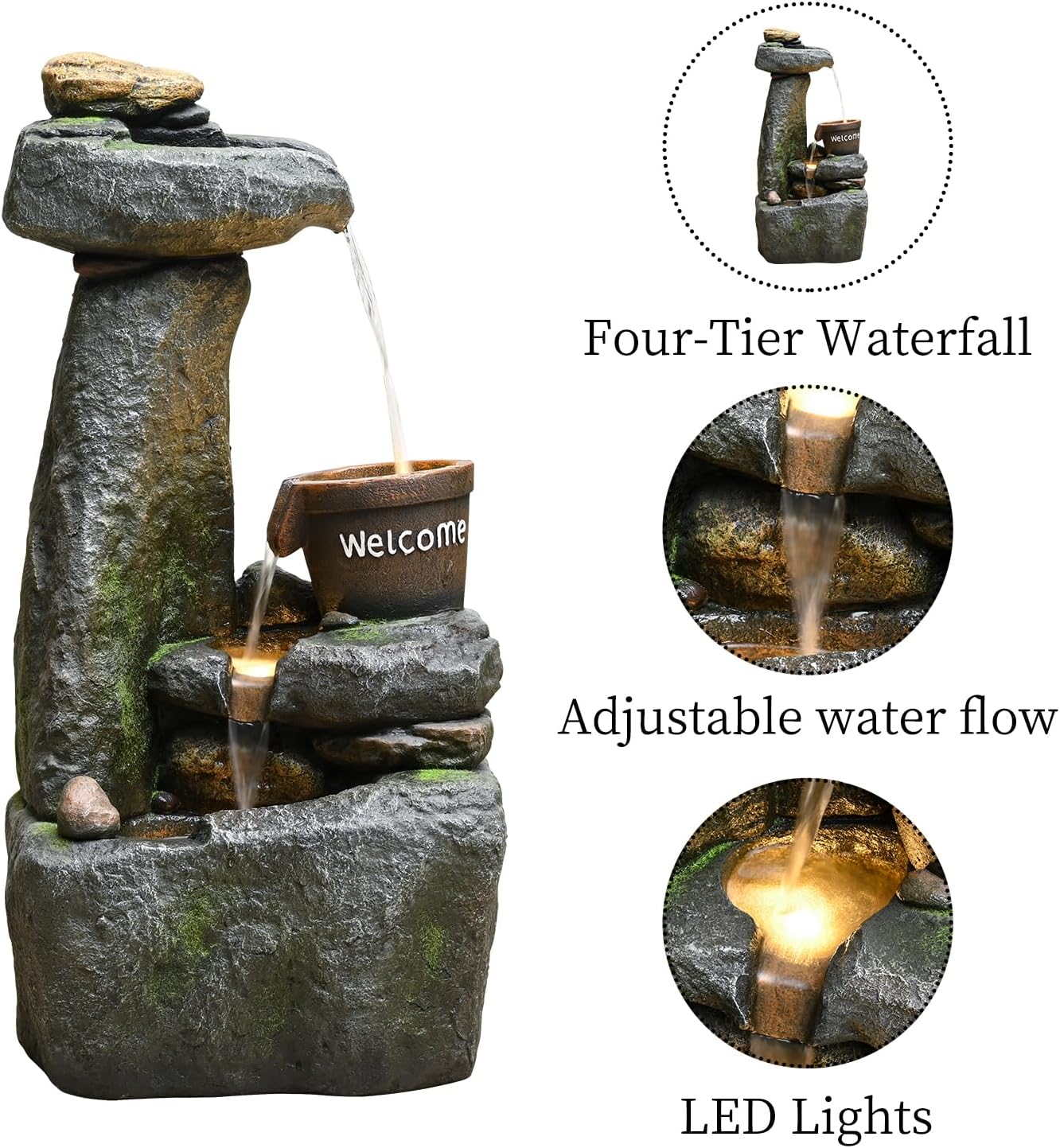 33" Outdoor Garden Water Fountain with Lights 4 Tiers Cascading Large Waterfall Floor Standing Fountain for Patio, Backyard, Deck, Porch and Home Art Decor