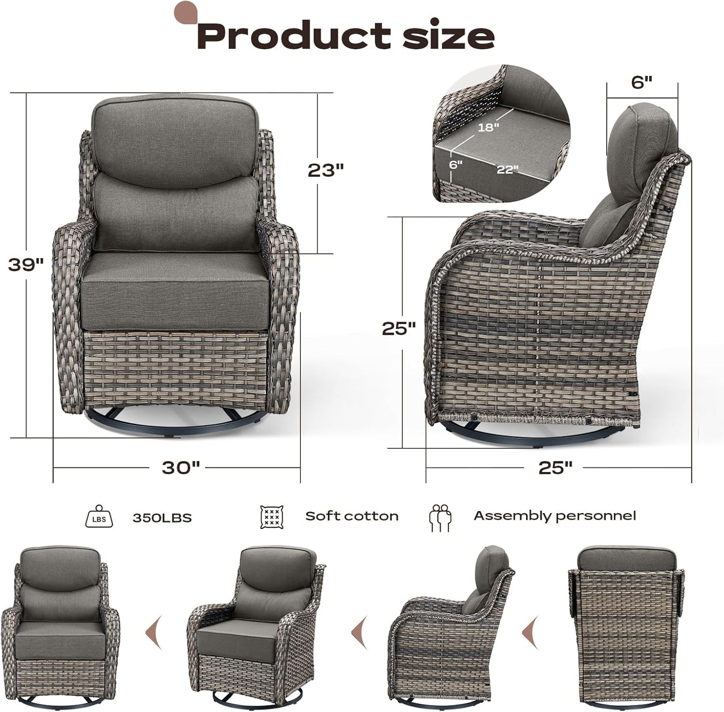 6 Piece Outdoor Patio Swivel Rocker Chairs, Waterproof Wicker, High Back, Deep Seating, Wide Armrest, Upgraded 6 inch Thick Cushions, Side Table, Ideal for Deck Porch Yard, Mixed Grey/Grey