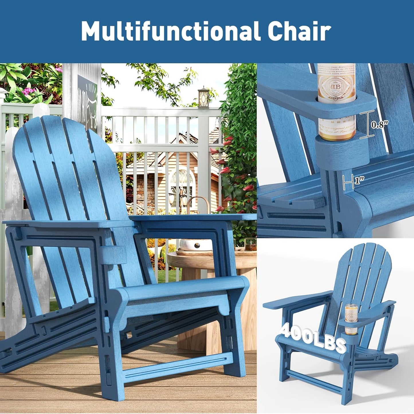 Adirondack Chairs Set of 4, Tool-Free Assembly All-Weather Plastic Adirondack Chairs, HDPE Fire Pit Chairs with Cup Holder, Outdoor Chair for Patio Garden (Blue)