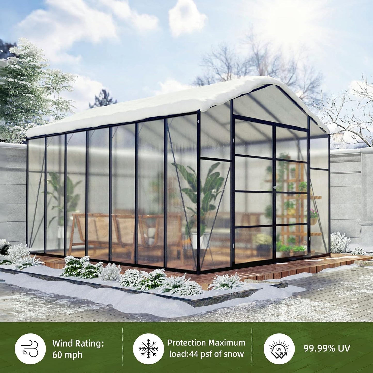 120*144*104in Greenhouse for Outdoors,Polycarbonate Greenhouse with Stronger Wind Protection and Roof Vent,Walk-in Large Aluminum Sunroom Winter Proof,Black