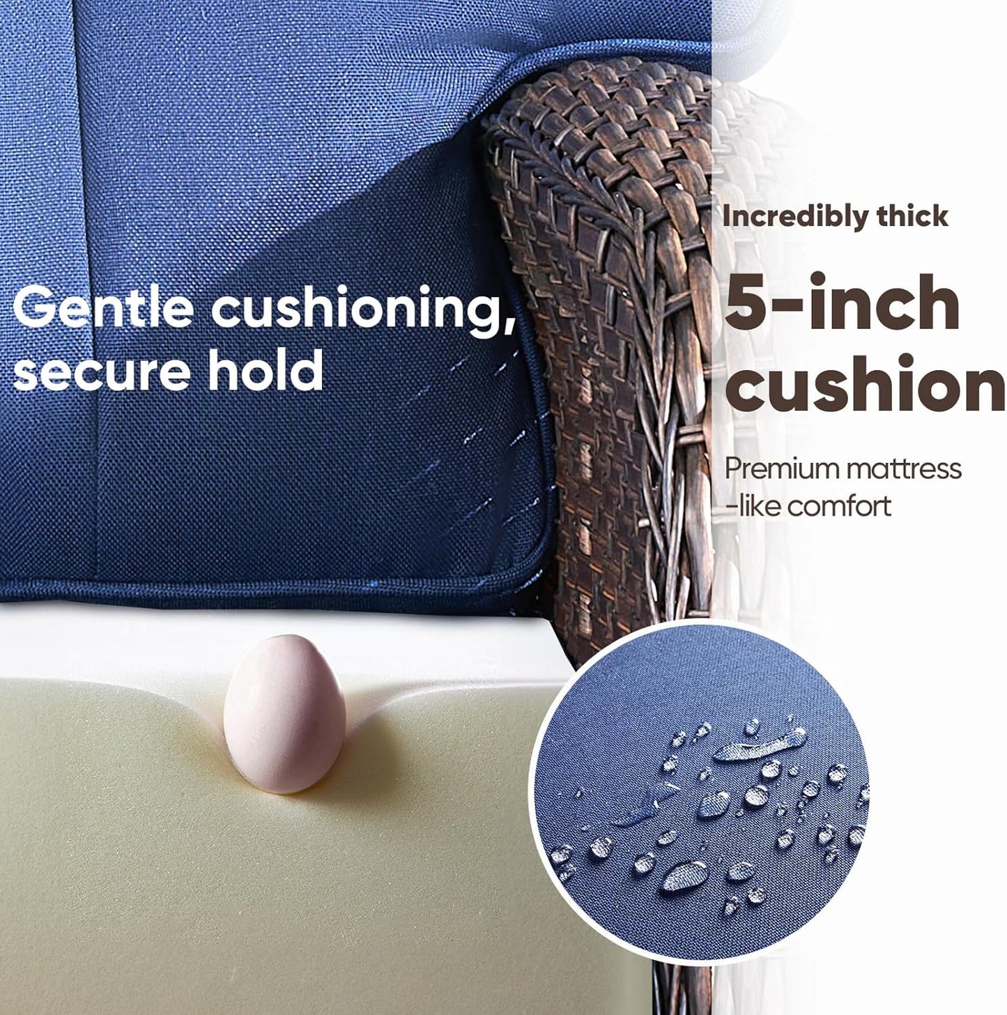 4-piece rotating balcony chair set with 31-inch T-shaped wide backrest - rattan outdoor rotating balcony chairs, wide backrest comfortable outdoor sliding chair - Brown Rattan | Blue Cushions