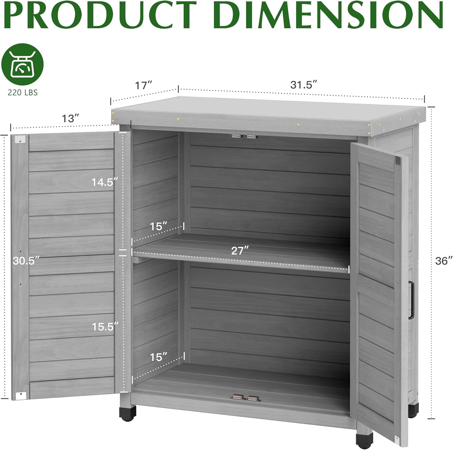 Outdoor Storage Cabinet & Potting Bench Table with Metal Top, Wooden Patio Furniture, Garden Workstation (Classic Grey, 36x31x17in)