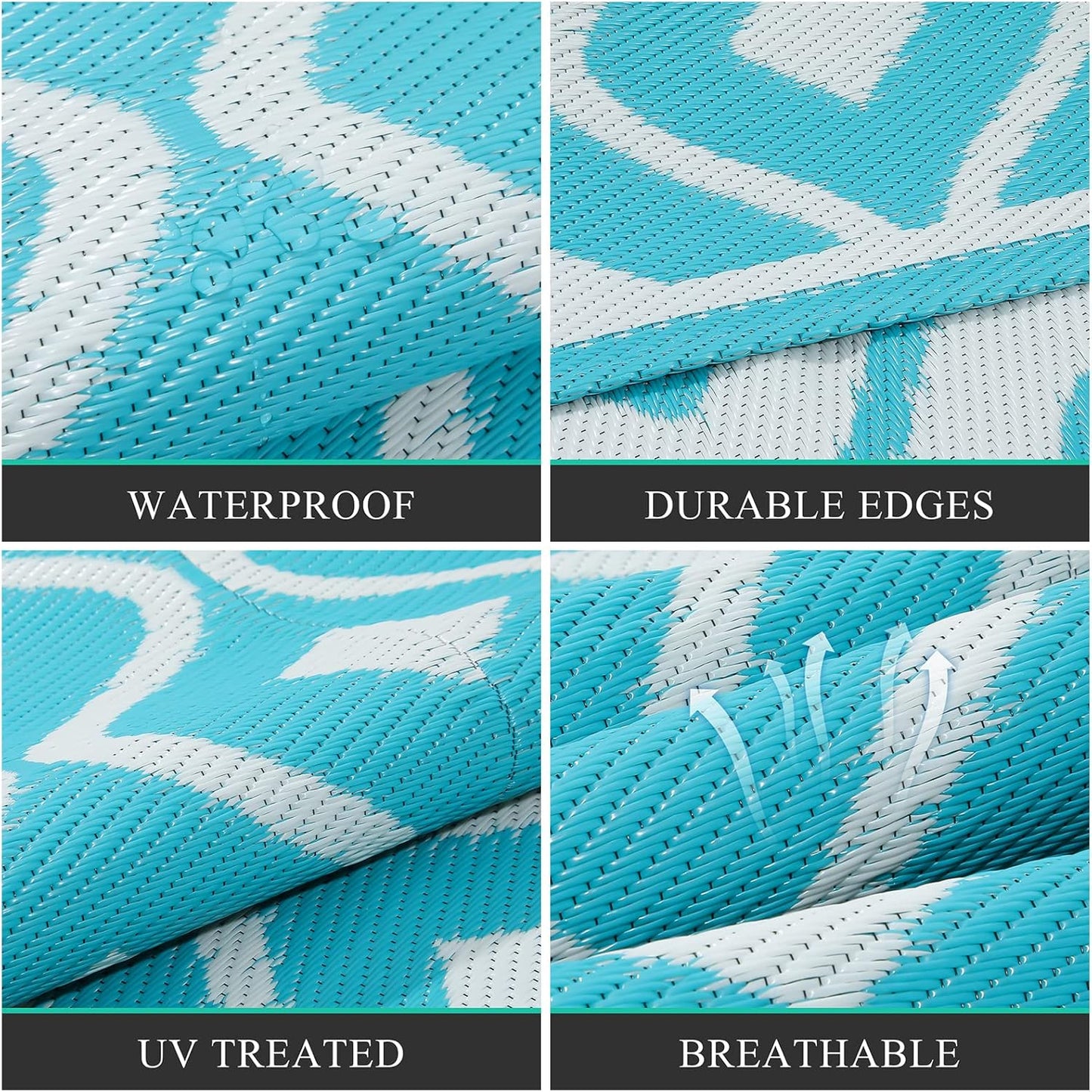 Pauwer Waterproof Outdoor Rug 9x12, Reversible Plastic Straw Patio Camping Rug, Indoor Outdoor RV Mat Carpet for Deck, Camper, Porch, Balcony, Backyard, Picnic, Geometric Teal