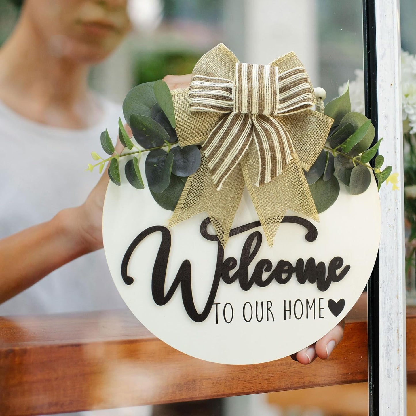 3D Welcome Sign for Front Door |Home/Farmhouse Porch Décor Wooden Hanging Sign with Artificial Leaves and Rustic Beads | Christmas Classroom |12" Round|White