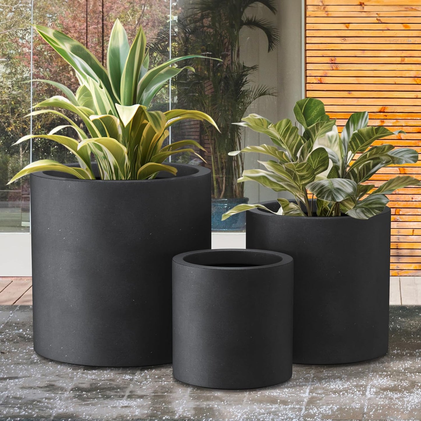Kante 9.8",12.6",15.7" Dia Round Concrete Planter Set of 3, Modern Style Large Cylindrical Plant Pot with Drainage Hole and Rubber Plug for Indoor Outdoor Patio, Black