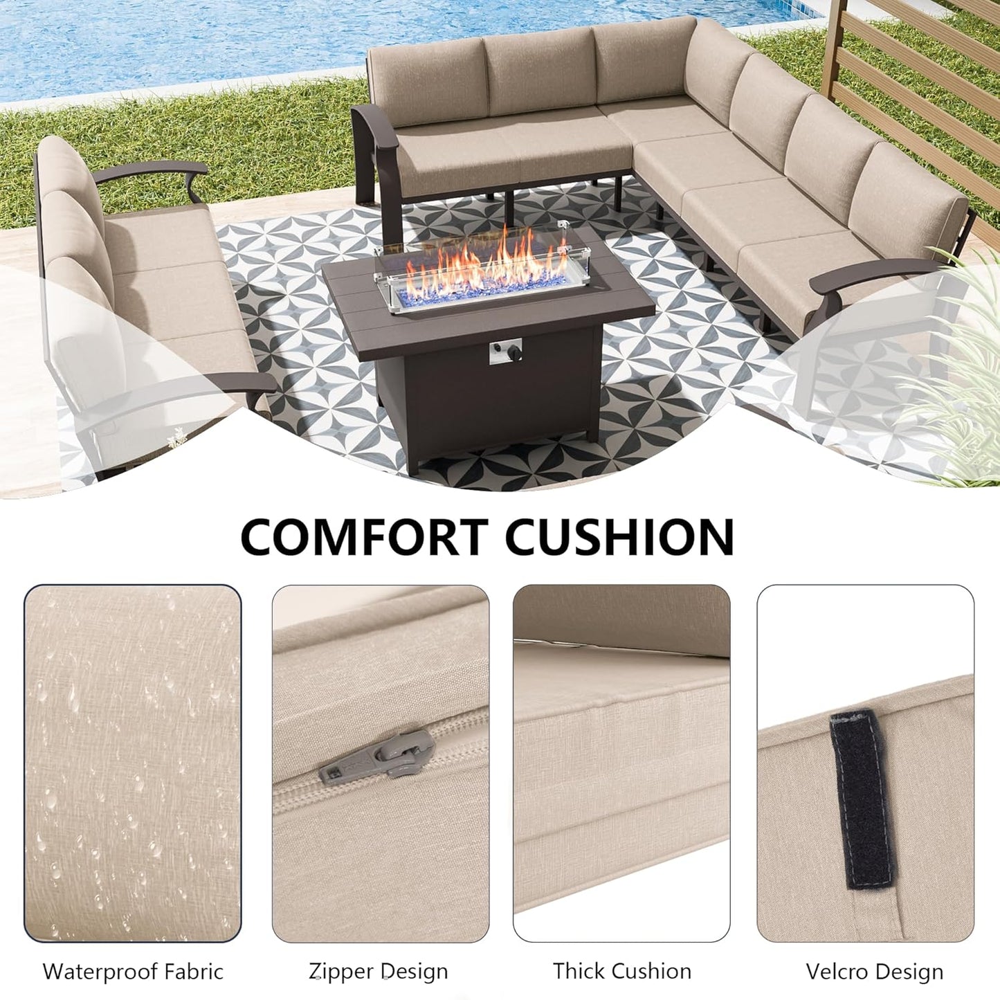 Aluminum Patio Furniture Set, 10 Seats Outdoor Patio Conversation Set with Swivel Chair Modern Metal Patio Sectional Sofa with Coffee Table for Patio, Backyard(Sand).