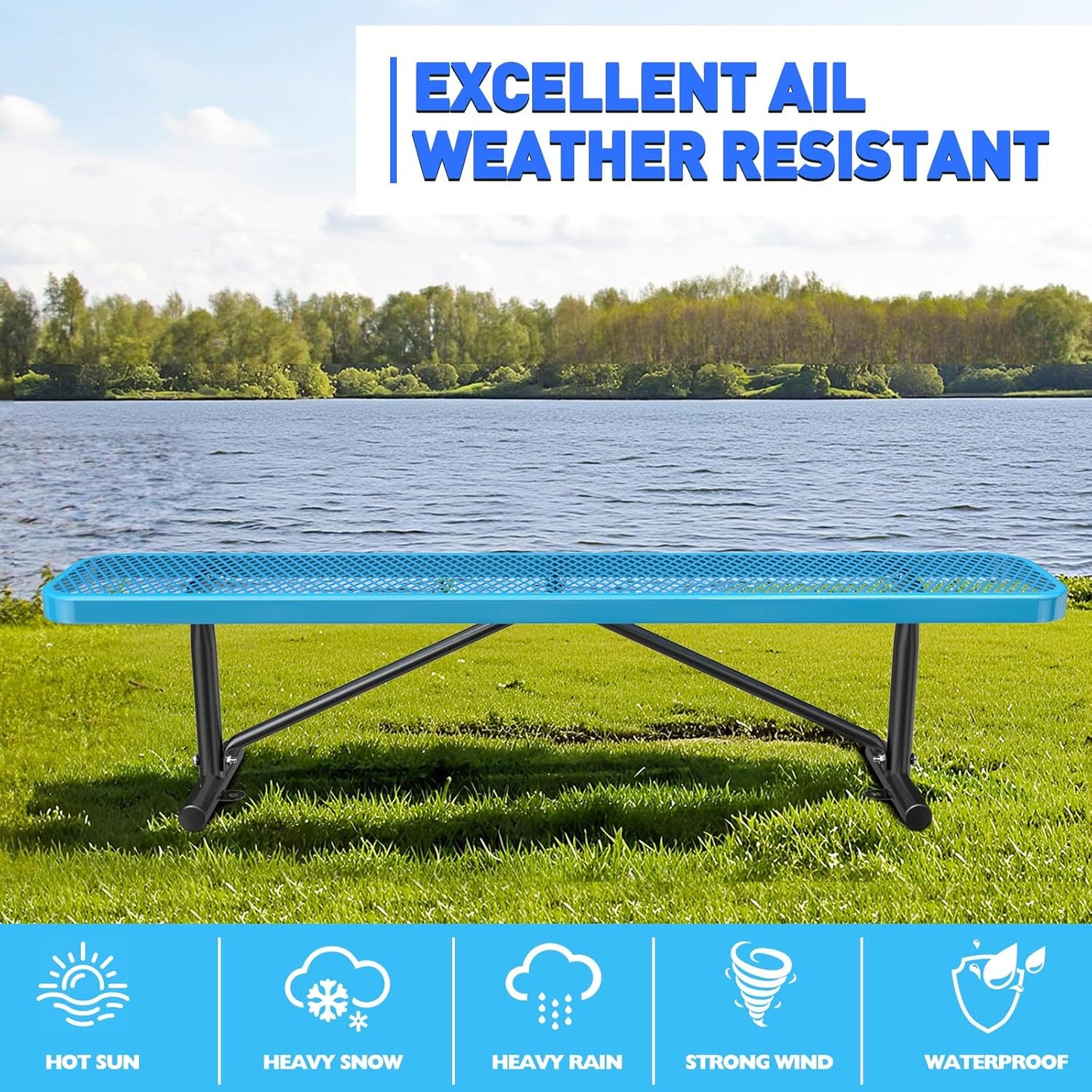 Thermoplastic Coated Iron Park Bench for Outside, Heavy Duty Metal Garden Bench, Expanded Commercial Grade Seating for Shopping Malls, Lawn Yard Porch Entryway (Blue Without Backrest, 72IN)