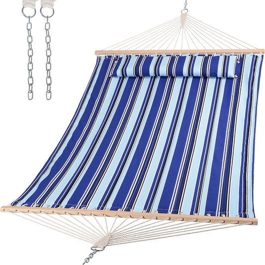 SUNCREAT Hammocks Quilted Fabric Hammock, Double Hammock with Spreader Bar, Soft Pillow, Max 475lbs Capacity, Blue Stripes