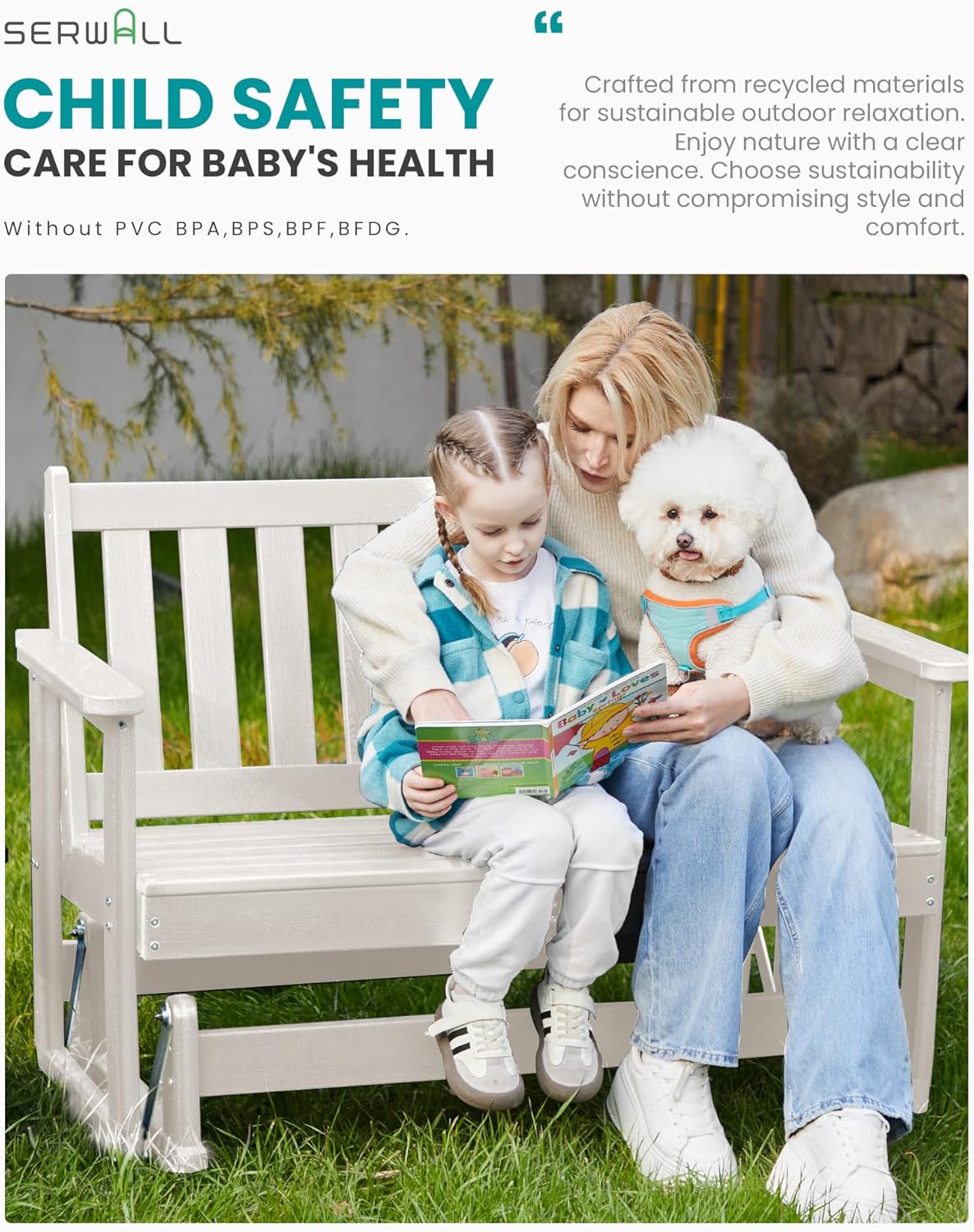 SERWALL Outdoor Glider Bench Set of 2, HDPE Weather-Resistant Swinging Bench for Backyard Garden Porch, White