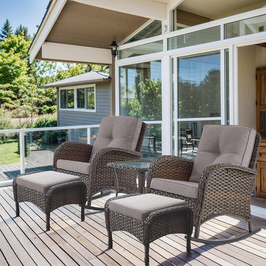 HUMMUH 5 Pieces Wicker Patio Furniture Set,Outdoor Rocker Chairs,Patio Ottomans,Glass Top Side Table,Outdoor Conversation Set for Porch Deck Backyard Poolside