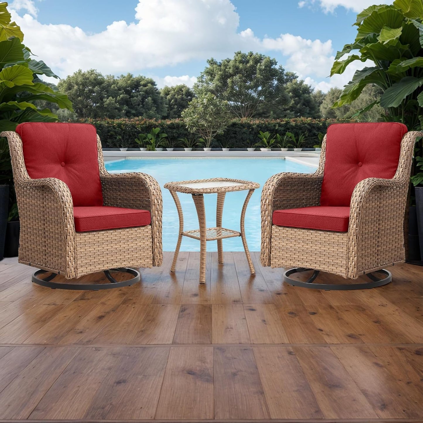 Outdoor Patio Swivel Rocker Chairs - 3 Piece Patio Bistro Set,Wicker Patio Furniture Set with 2 Swivel Rocking Chairs and 1 Glass Top Side Table for Deck Porch Garden,Yellow/Red