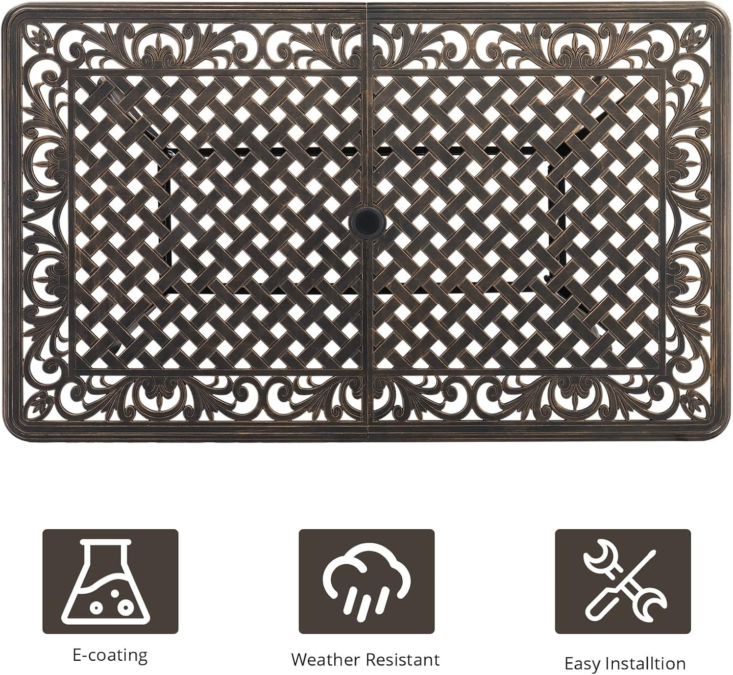 Outvita 59inch Patio Dinning Table, Outdoor Cast Aluminum Large Rectangle Table with Umbrella Hole and Antique Design for Backyard Pool Balcony Deck