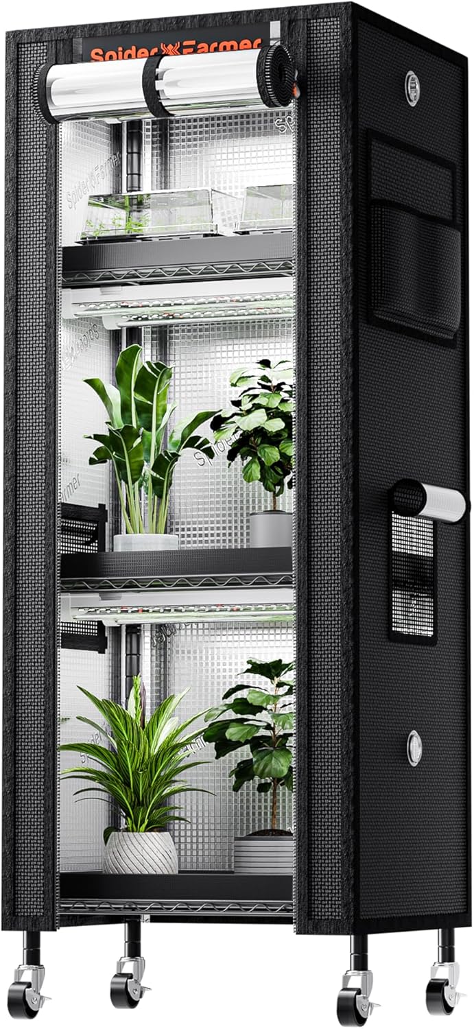 Spider Farmer 2025 4-Tier Plant Stand with 6Pcs 12" Full Spectrum 5000K LED Grow Lights and Tent Cover Mini Greenhouse Height Adjustable for Seed Starting Indoor Plants Growth 16Lx12Dx47H