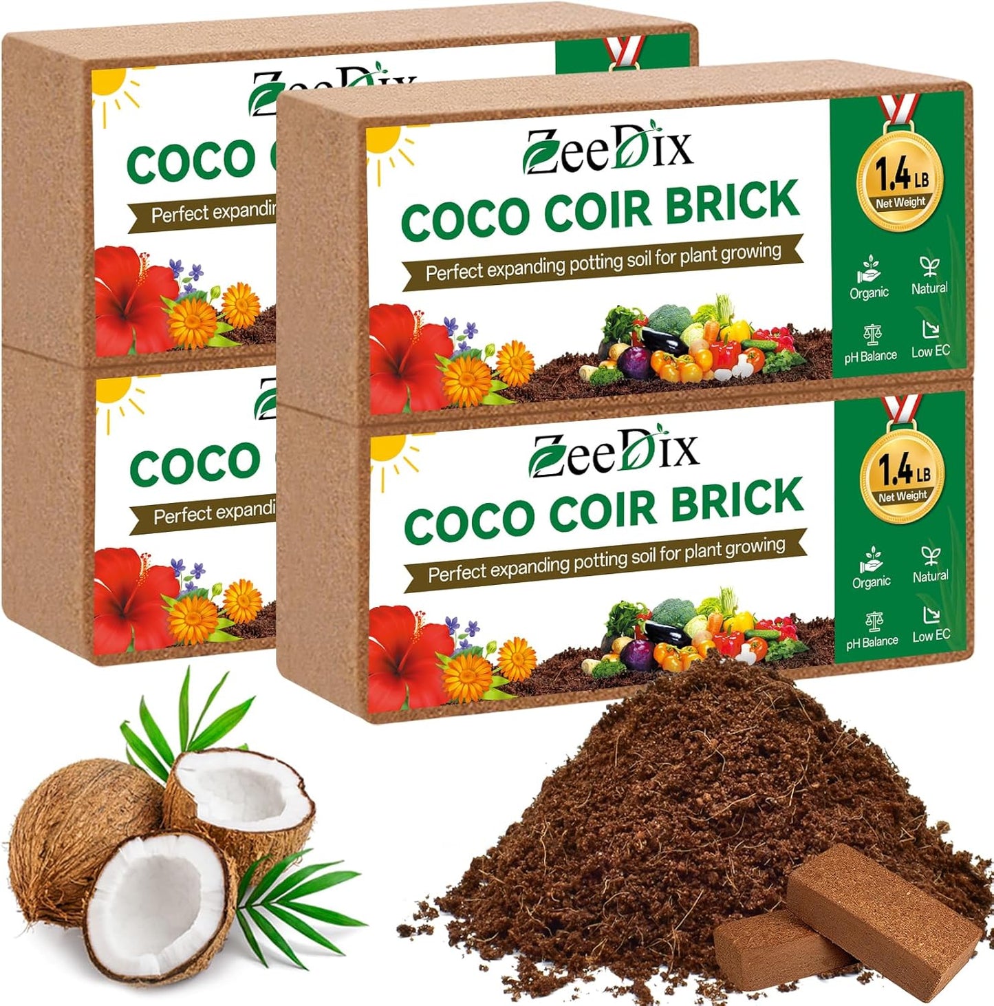 ZeeDix 4 Pcs Premium Coco Coir Brick - 100% Organic Compressed Coconut Coir Starting Mix, Coco Fiber with Low EC and PH Balance for Gardening, Potting Soil, Herbs