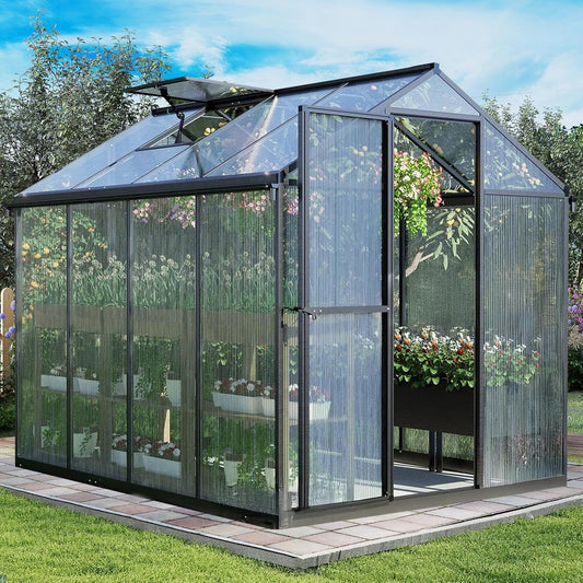 Aoodor 6 x 8 Ft Walk-in Greenhouse with Gutter, Polycarbonate and Heavy-Duty Aluminum Frame, Adjustment Skylight and Lockable 2-Sided Door for Patio, Outdoor, Yard, Lawn Use, Black