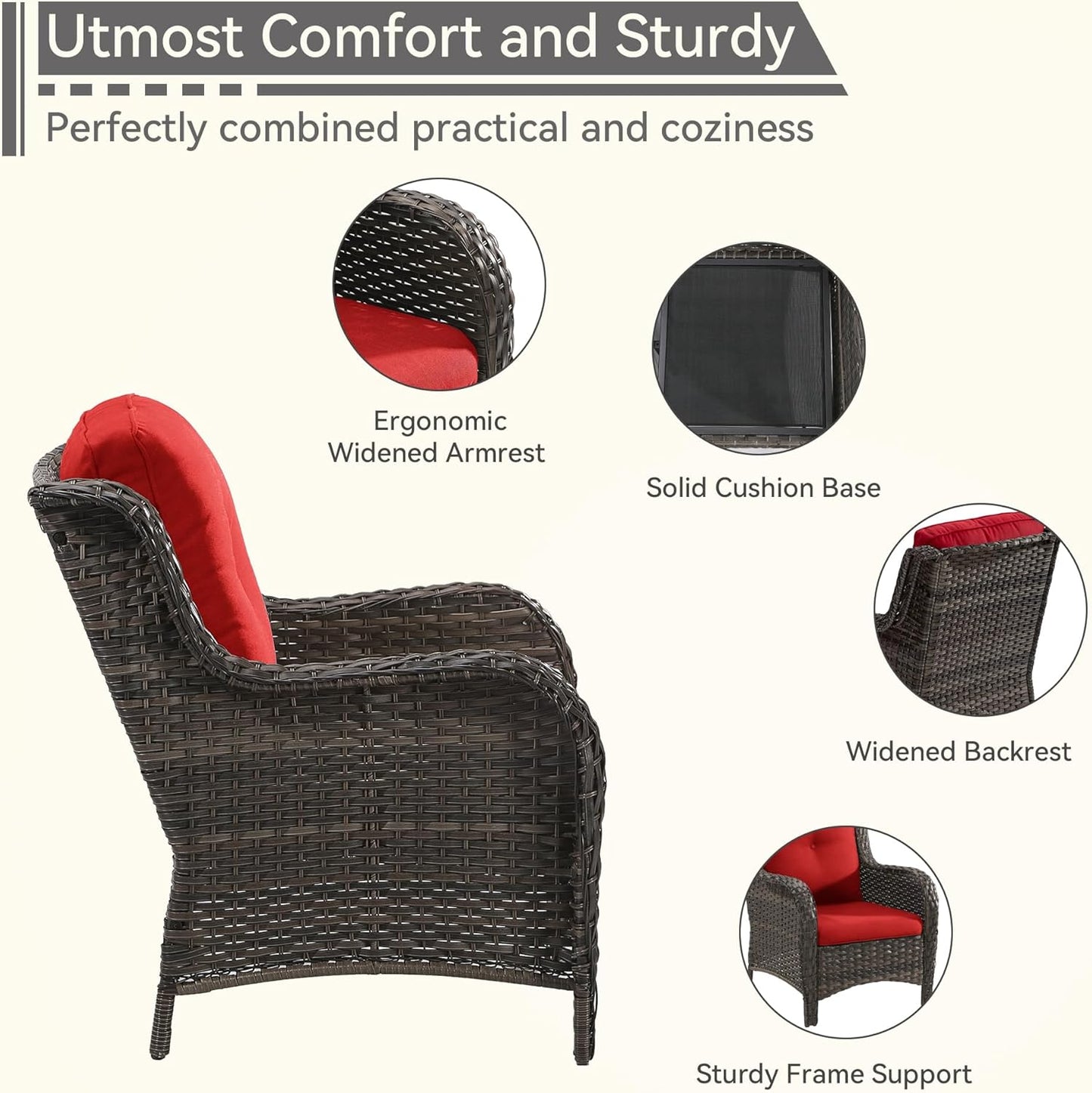 Patio Wicker Chairs Set of 2, Patio Rattan Dining Chairs with 3.5-inch Seat Cushions, High Back and Curved Armrest for Garden, Backyard, Balcony and Deck, Red