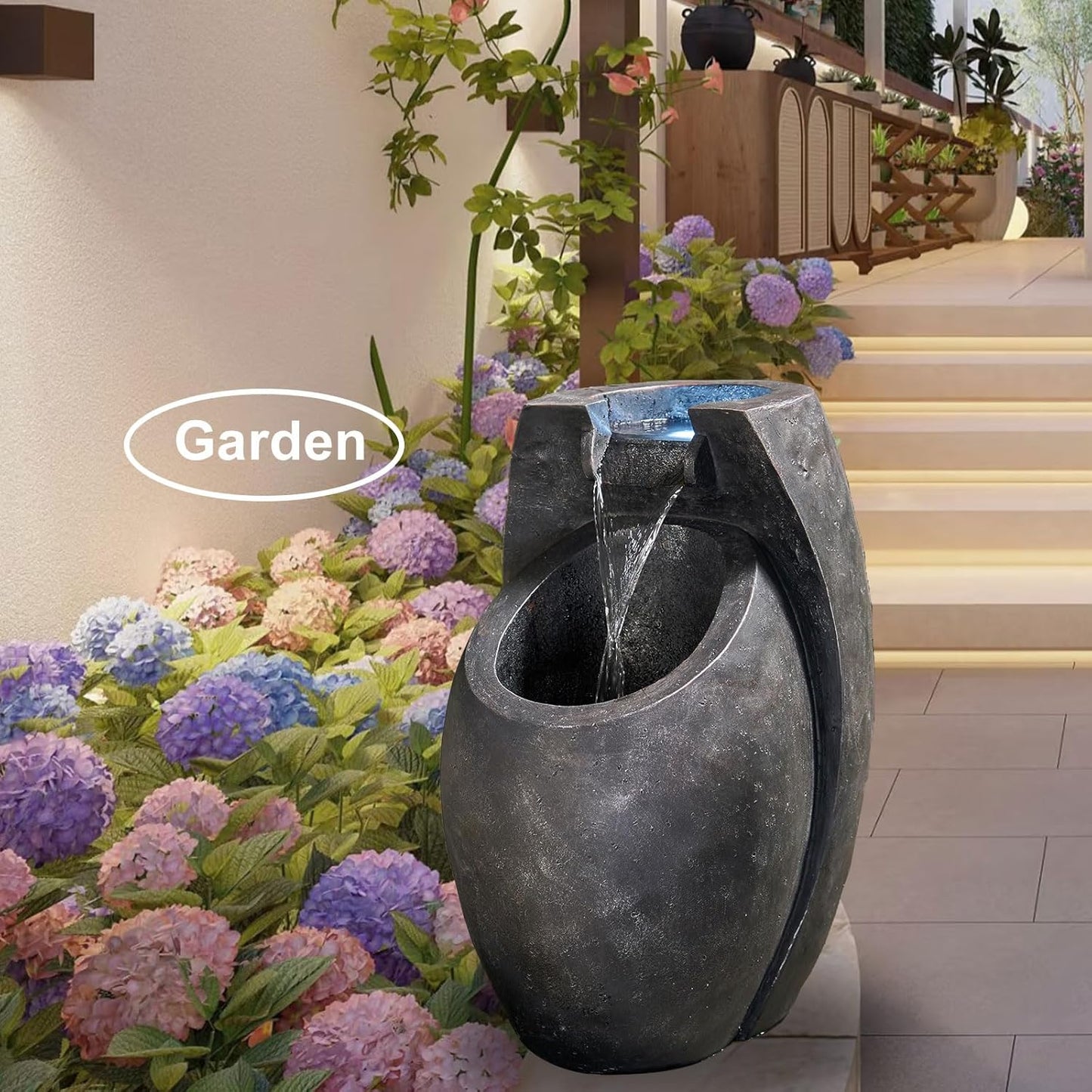 Backyard Water Fountain – 21.5” Tall Floor Standing Fountain, Indoor/Outdoor Modern Two-Tier Waterfall for Garden, Patio, or Yard Décor