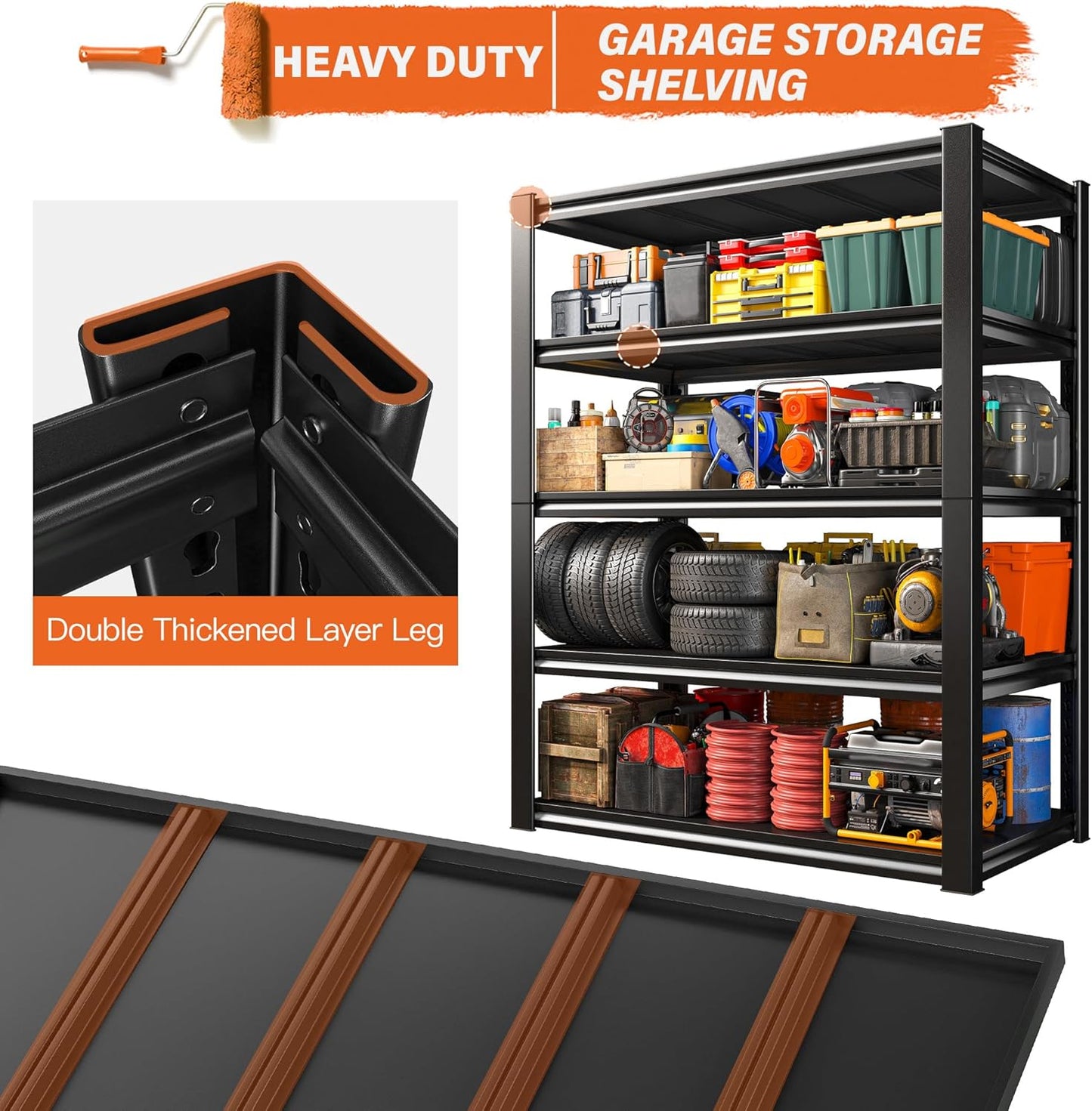 REIBII Garage Shelving Heavy Duty 2500LBS Storage Shelves 40" W Garage Shelves Heavy Duty Shelving Metal Shelves for Warehouse, Basement, Pantry, 40" W x 17.7" D x 72.2" H